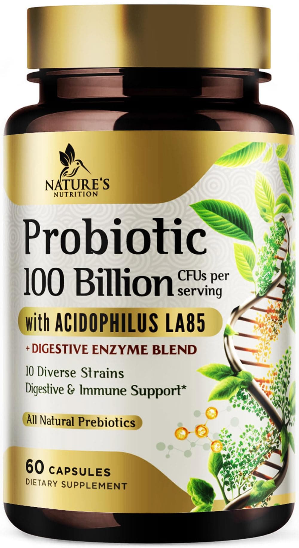 Nature's Nutrition Probiotic 60 Billion CFU - 15x More Effective Lactobacillus Acidophilus Probiotics, Bottled in USA, Immune Support & Digestive Health Support for Women & Men, Non-GMO - 60 Capsules