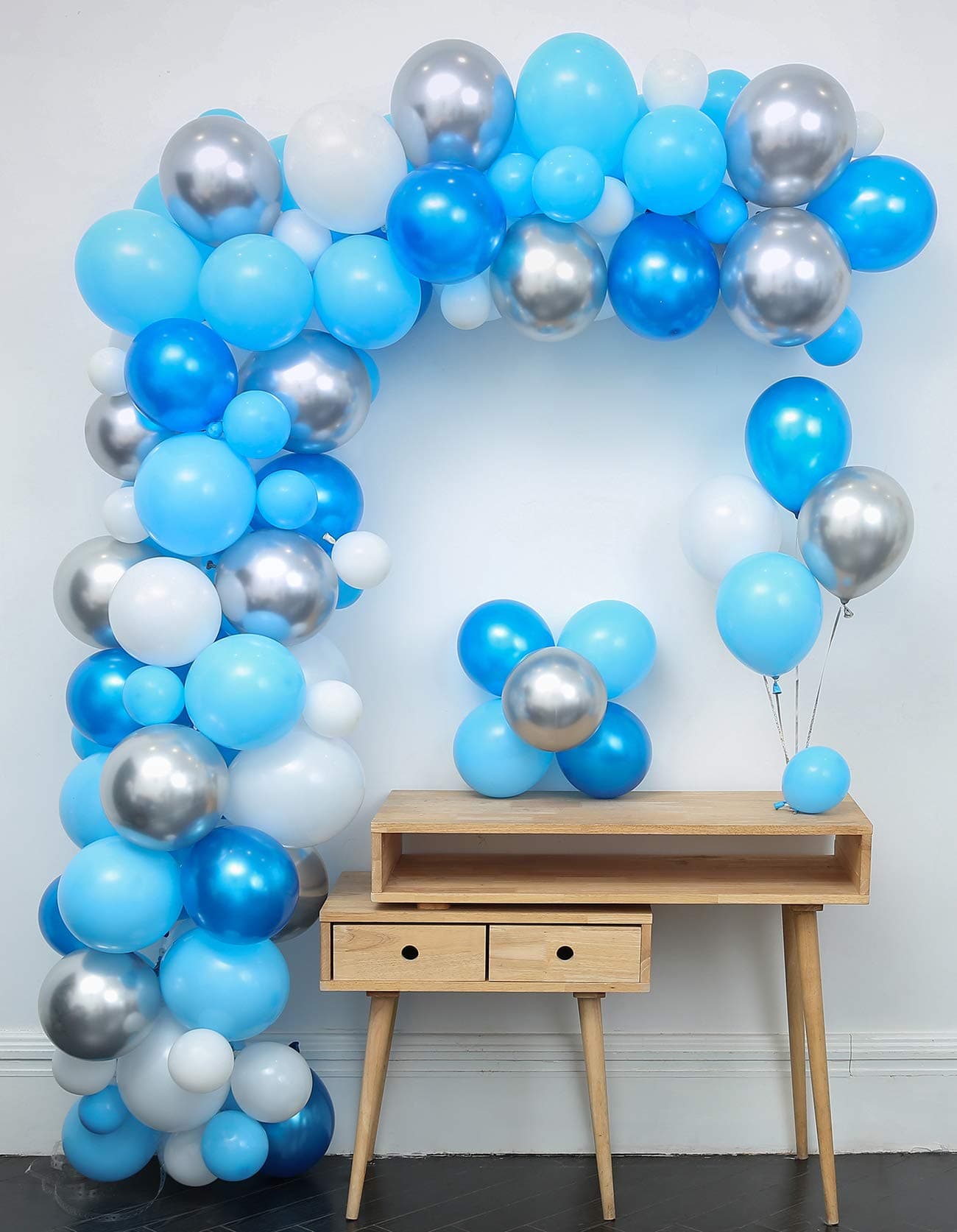 LFVIK Blue and Metal silver Balloons White Garland Kit 117Pcs 16Ft Balloon Strip Points Stickers Tying tools Balloons Pack For Baby Shower Wedding Birthday Party