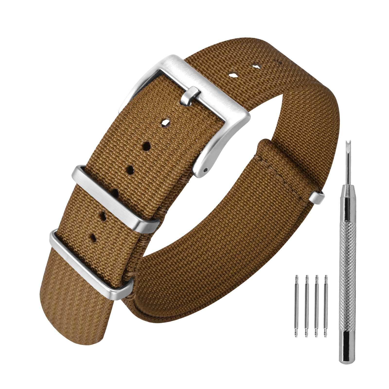 ANNEFIT Nylon Watch Band 0.9 inches (22 mm), One-Piece Waterproof Military Watch Straps with Heavy Silver Buckle (Brown)