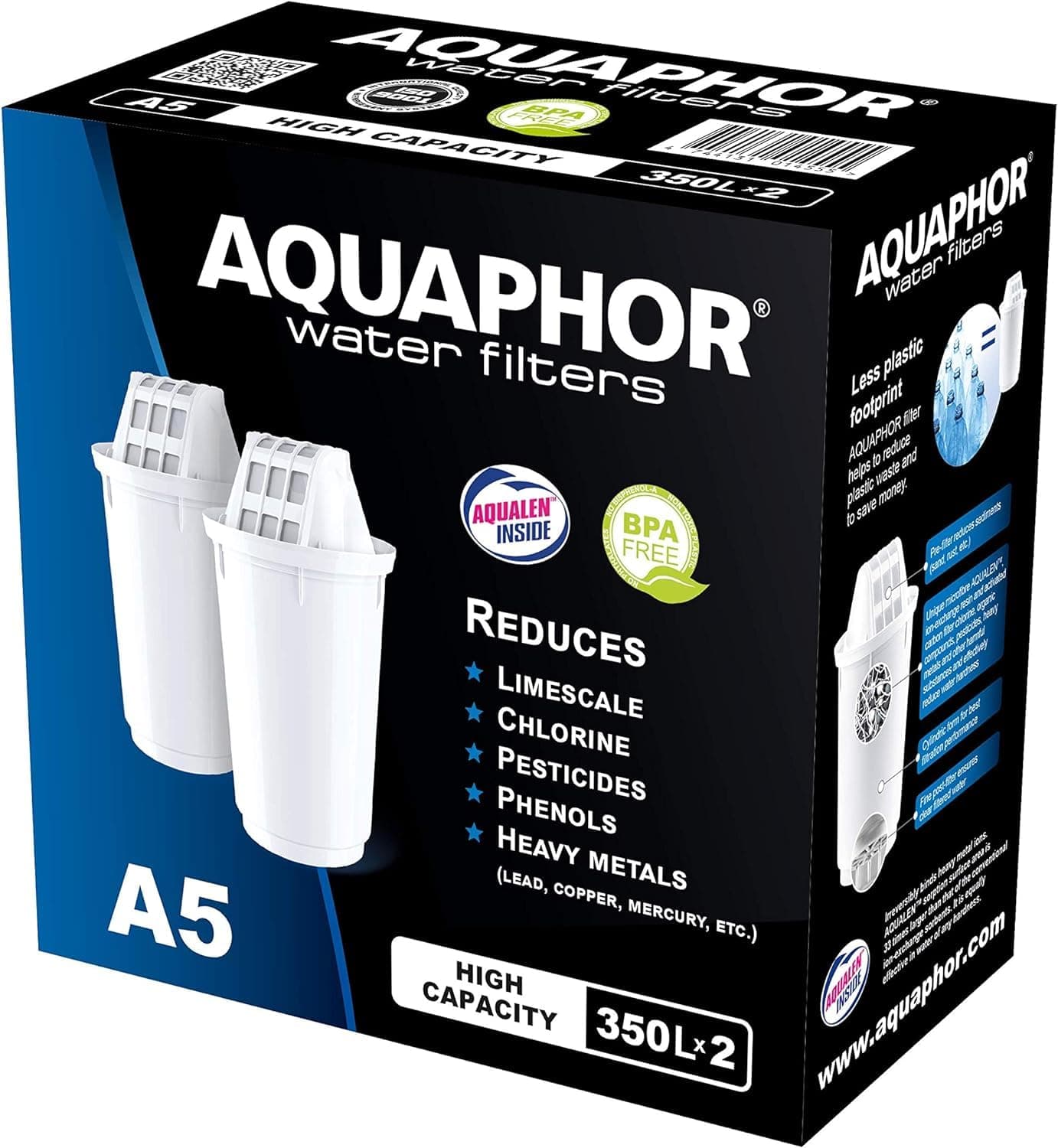 Filter Cartridge A5 2 Pack | Filters Limescale, Chlorine, Heavy Metals | 350L Clear Water | AQUALEN Technology for Better Tasting Food & Drink | Replacement Cartridge for A5 Filter Jugs