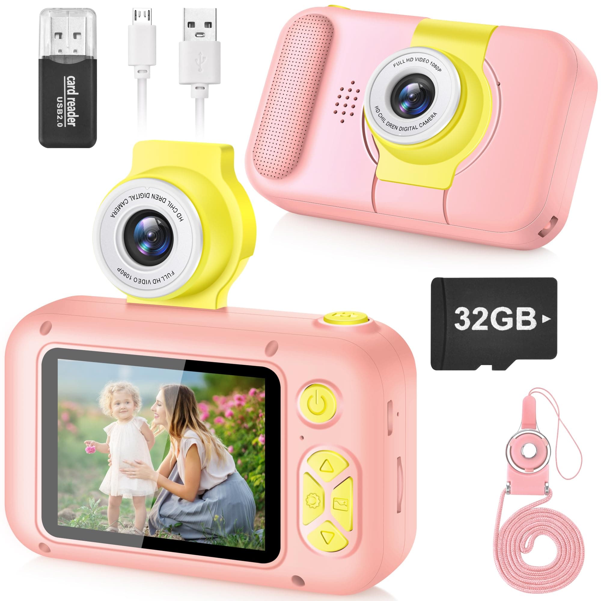 Kids Camera, Toddlers Digital Toy Camera with 180° Flip Lens, 2.4 Inch IPS Screen, 32 GB Card, Birthday Festival Present for 3 4 5 6 7 8 9 10 11 12 Year Old Girls & Boys, X101 (Pink)