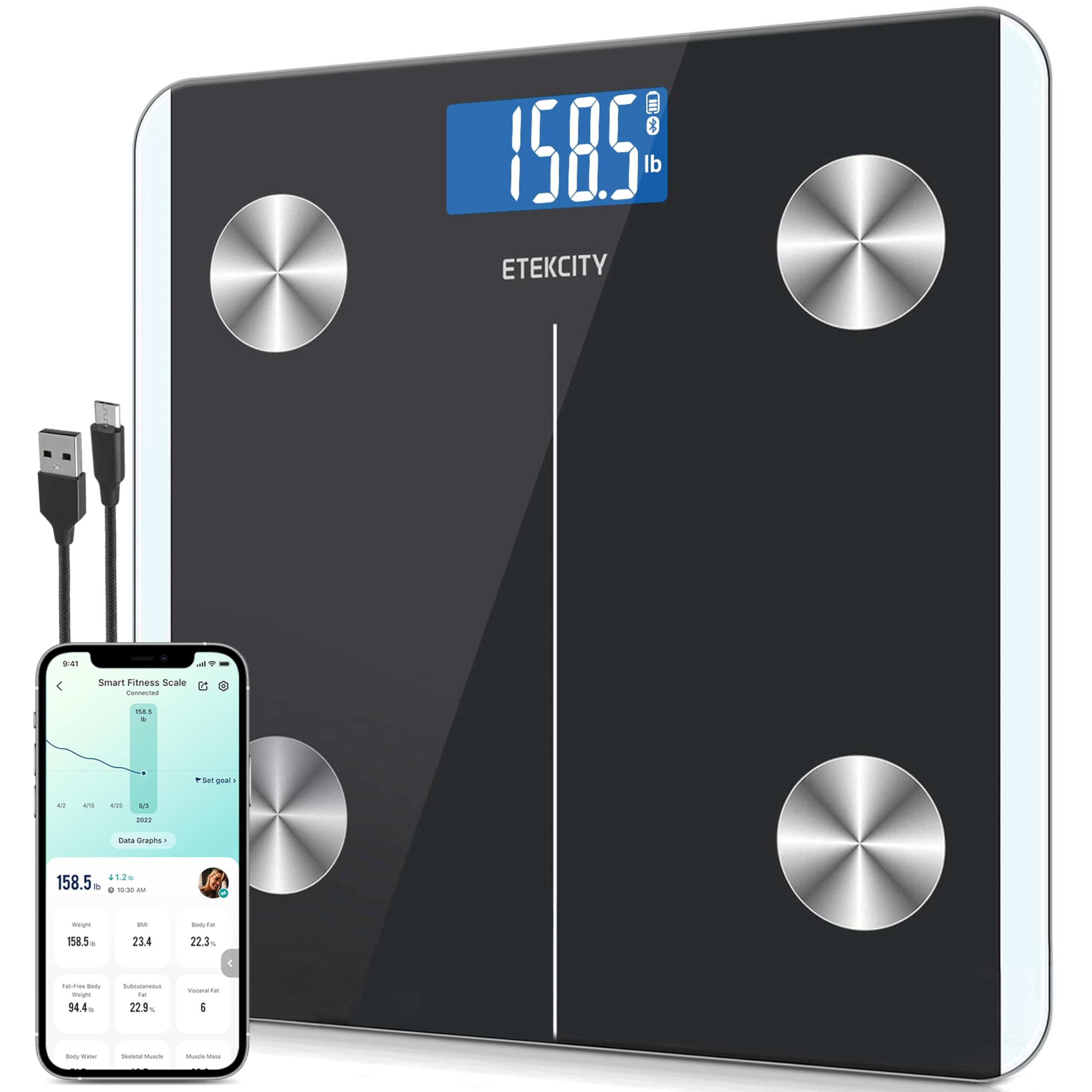 Etekcity Rechargeable Smart Scale for Body Weight, Digital Bathroom Scale with BMI, Body Fat, Muscle Mass, Accurate Weighing Machine for People Sync with Smartphone App, 400lb