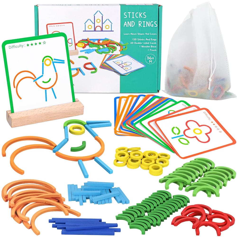 Oxsaytee Wooden Creative Stem Sticks & Rings Toys for Kids 3+ Montessori Matching Puzzle Toy Building Educational Resources Toys for Preschool Kindergarten Boys Girls