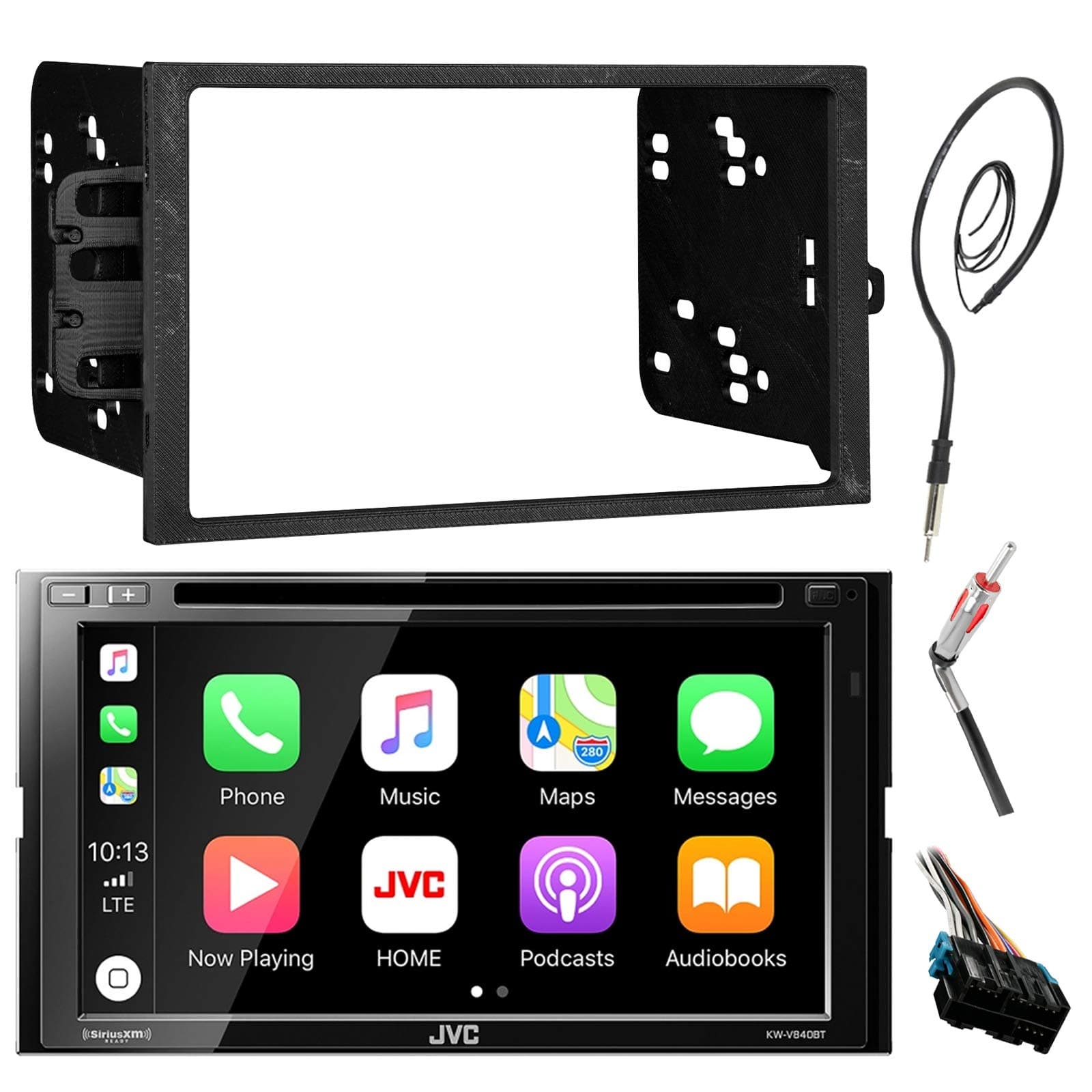 JVC KWV840BT Touch Screen Bluetooth CD DVD Car Stereo Receiver Bundle Combo with Enrock Dash Installation Trim Kit + Wiring Harness for GM Vehicles + Enrock 22 AM/FM Radio Antenna with Adapter