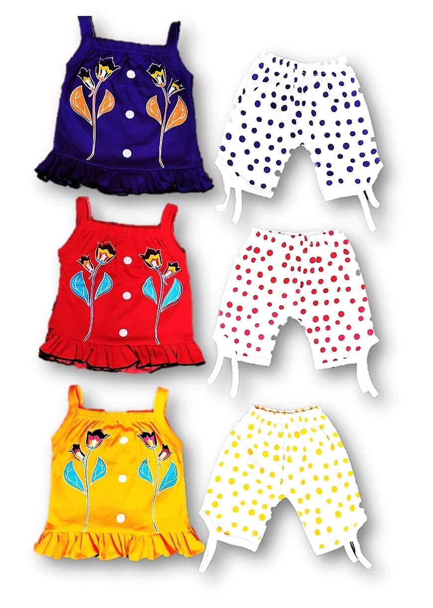 Baby Girls Summer Dress Suits Printed Cotton Top & Capri (Pack of 6 (3 Tops + 3 Polka Pants) Size 0 Months up to 2 Years