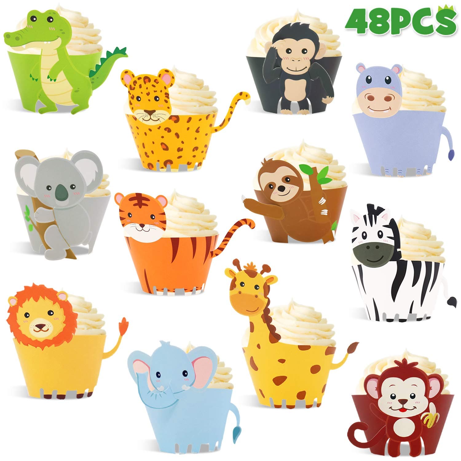 48 Pcs Jungle Safari Animal Cupcake Wrappers Wild Party Cake Decorations Jungle Wild Cake Wrappers for Baby Shower Birthday Themed Decorations Safari Party Supplies
