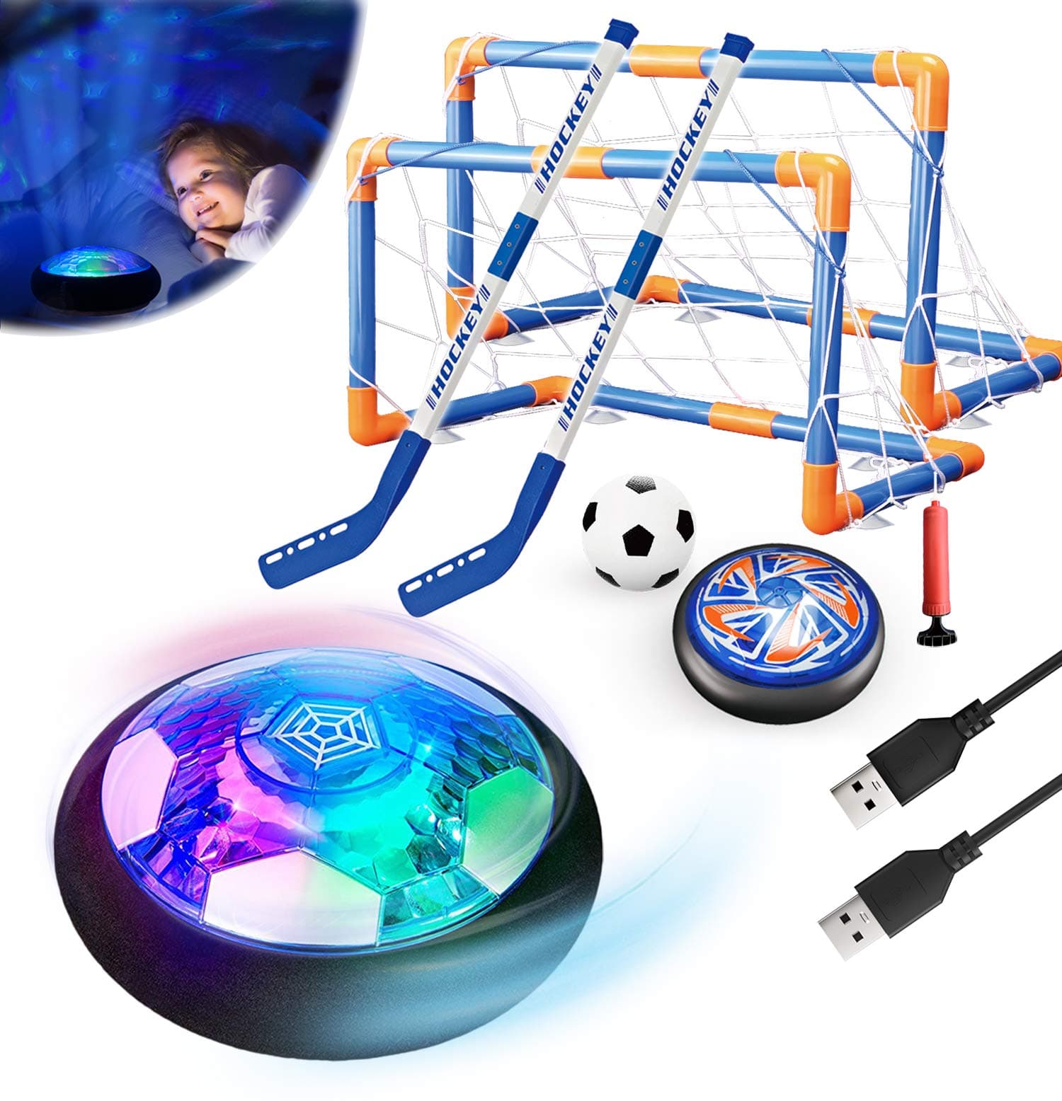 3 in1 Hover Hockey Football Toys Set, Air Floating USB Rechargeable Indoor & Outdoor Hover Sport Games w/2 Goals, LED Shining Light & Bumper, for Age 6-12 Boys Girls