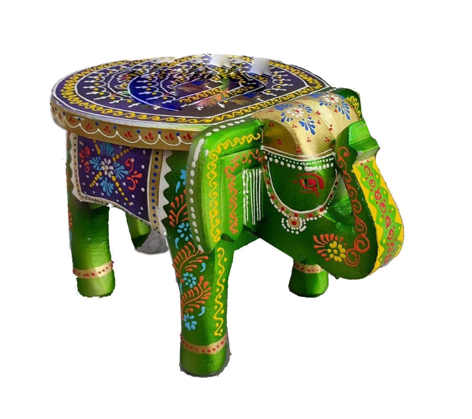 Wooden Decorative Rajastani Hand Green Painted Elephant Stool | Home Decorative Items in Living Room, Bedroom | Showpiece Gifts(8 inch)