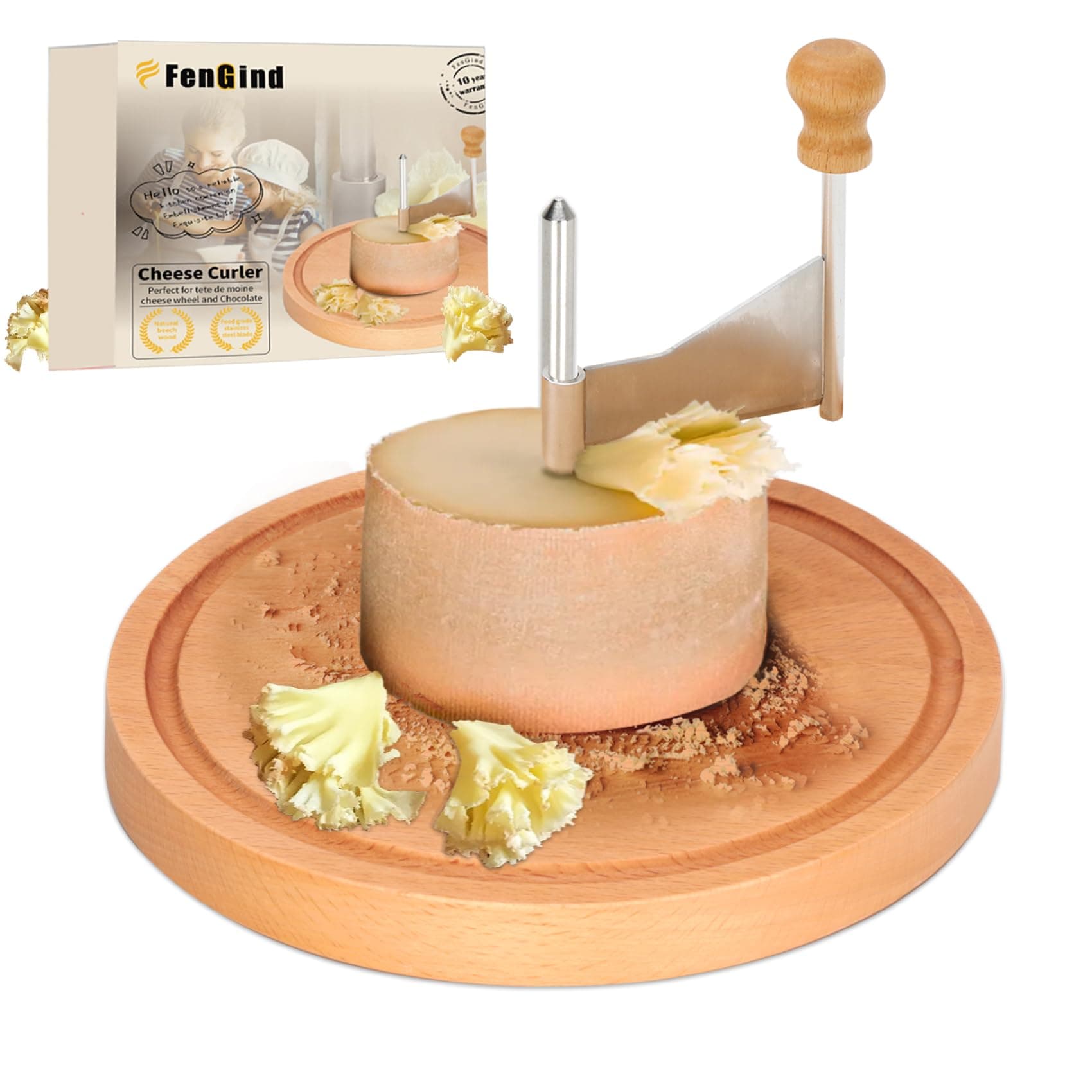 Fengind Amigo Stainless Steel Cheese Curler, Flower Shaver Perfect for Tete de Moine or Chocolate, Rust-Proof Multifunctional Girolle, 10-Year Warranty