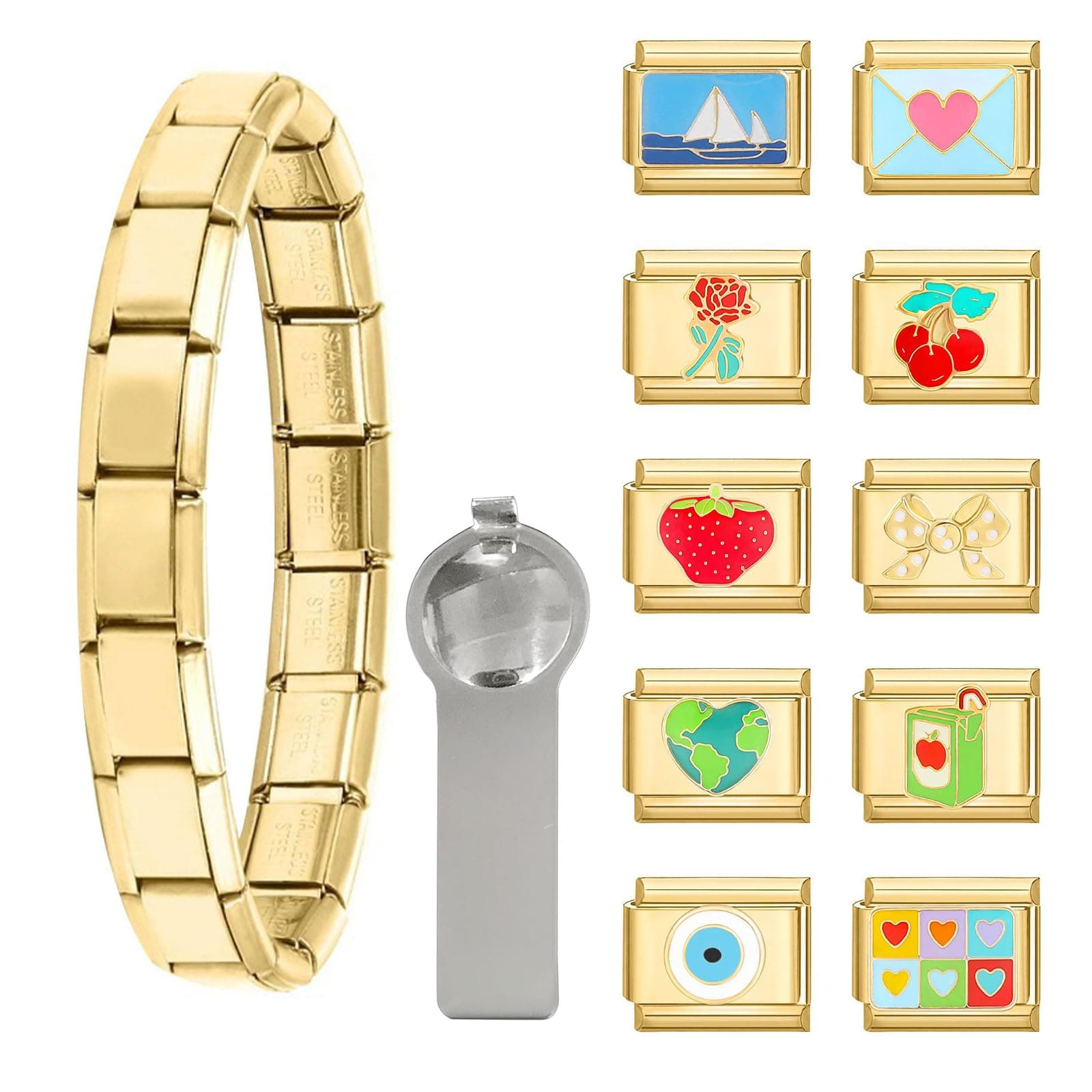 Italian Charm Bracelet Gold Silver Set with Starter Brascelet, Assorted Charms and Opening Tools, 9mm Modular Italian Charm Bracelet Links Handmade DIY Jewelry Gifts