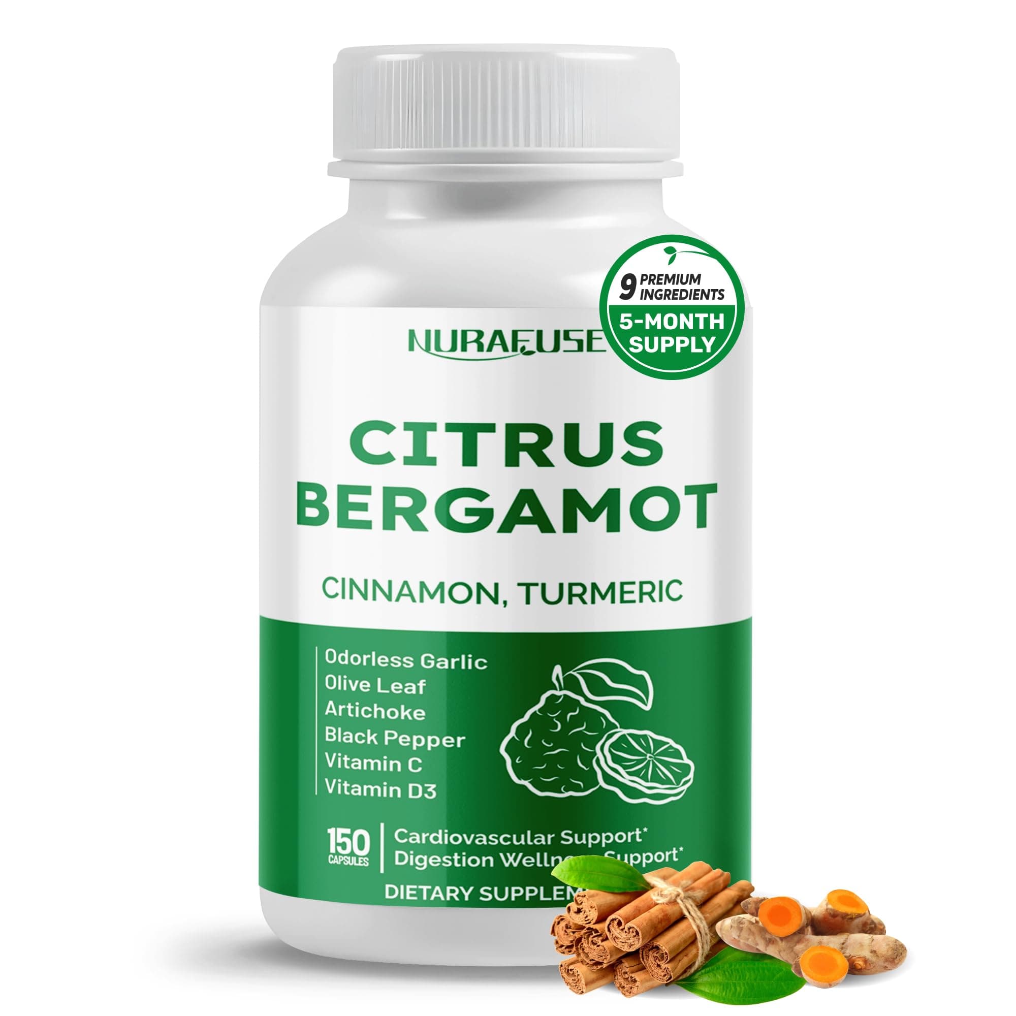 Citrus Bergamot 9-in-1 Formula - with Cinnamon Turmeric Odorless Garlic, Olive Leaf, Artichoke