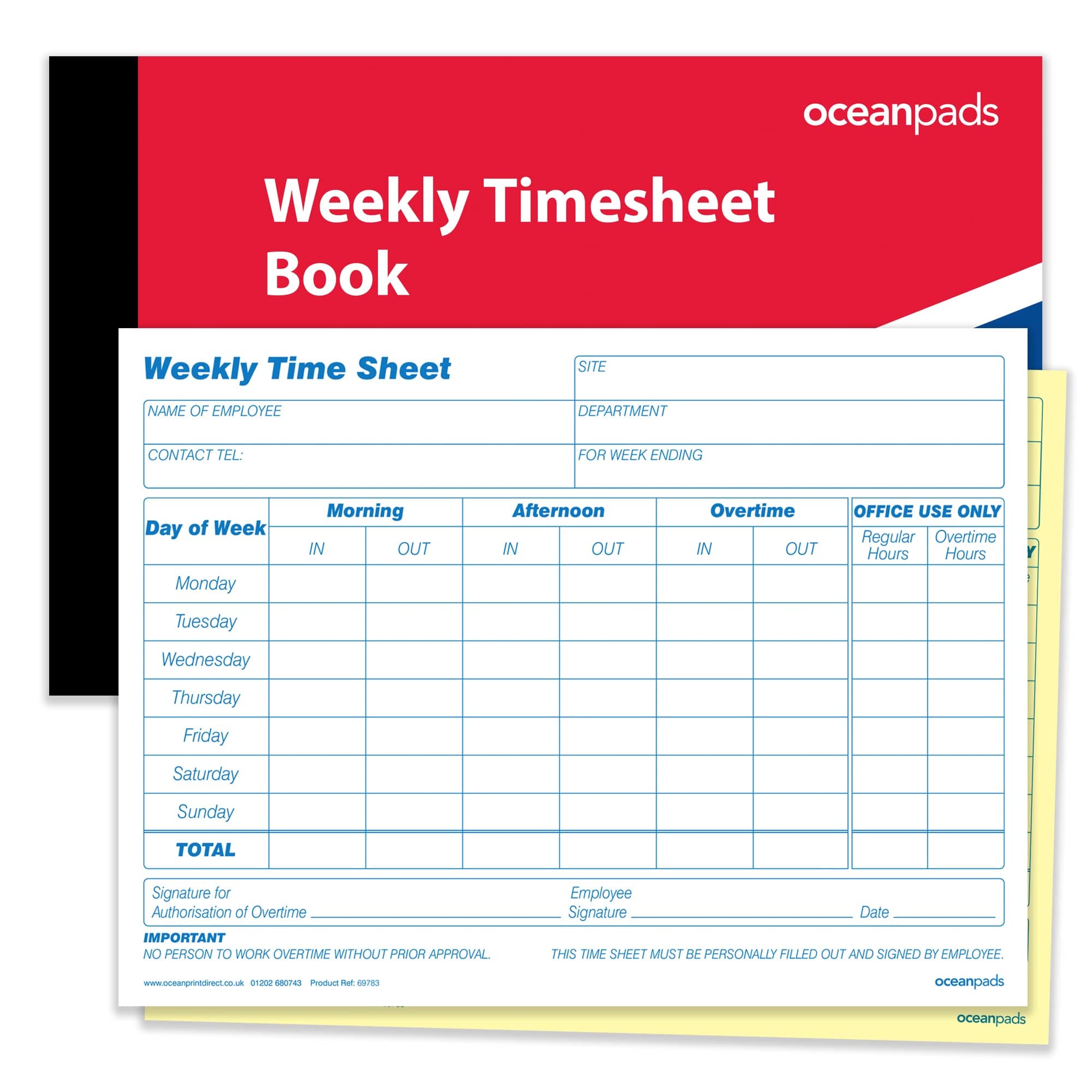 Weekly Employee Timesheet Book for Construction & Trades, Healthcare & Agency Staff, Transportation & Delivery Services. A5, Duplicate 2-Part NCR Carbonless Paper, 52 Sets per Book (Product 69783)