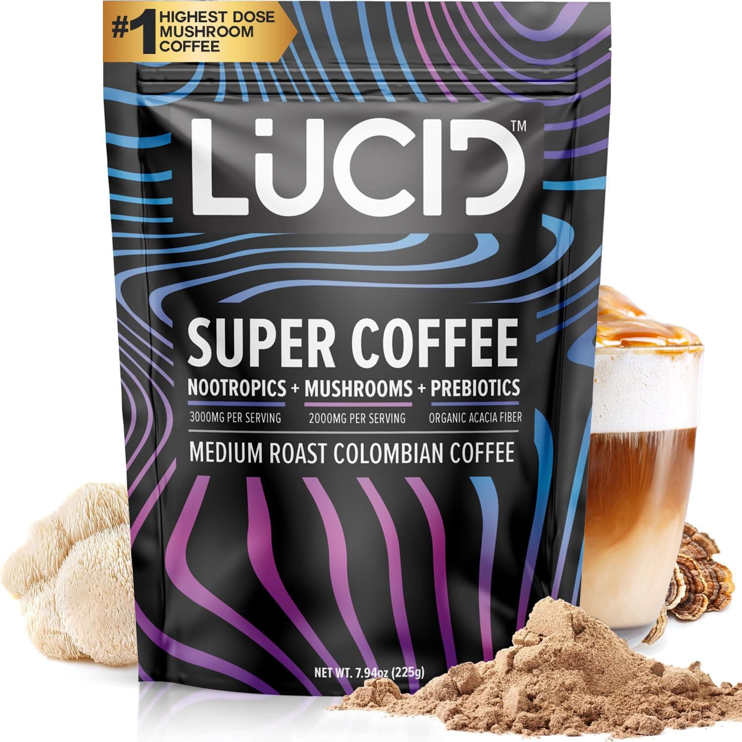 Lucid Superfood Organic Mushroom Coffee with Nootropics - Lion's Mane, Tremella, Cordyceps & Turkey Tail - Instant Mushroom Coffee Focus Brain Health - Alpha GPC, L-Theanine, Ginko Biloba - USA Made