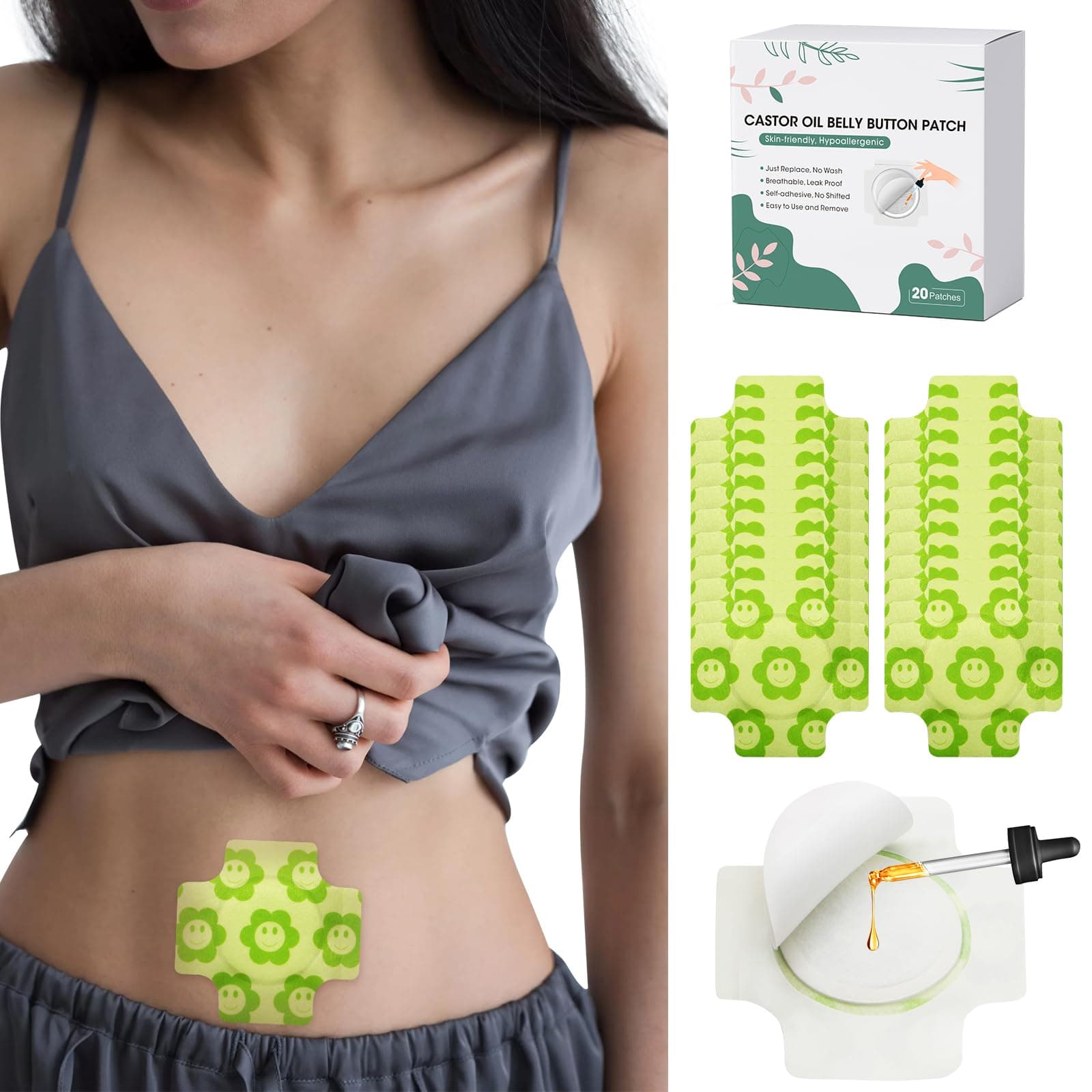 20 PCS Castor Oil Pack Wrap, Disposable Castor Oil Patches for Belly Button, No Wash, Easy to Use, Anti-Seepage,4" X 4"