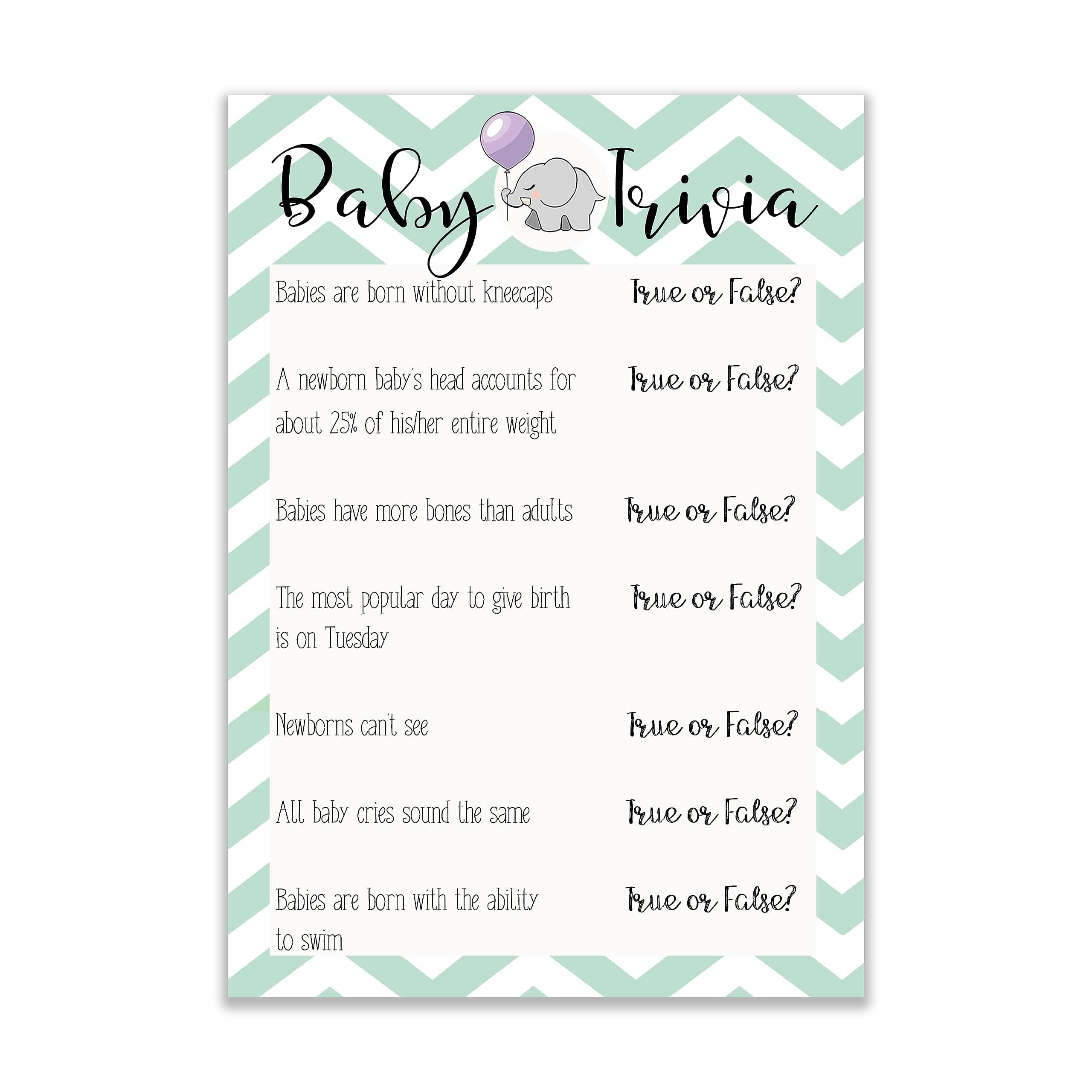 The Little Party Company Baby Shower General Knowledge/Trivia Chevron Cards - 15 Pack Cute Elephant Design