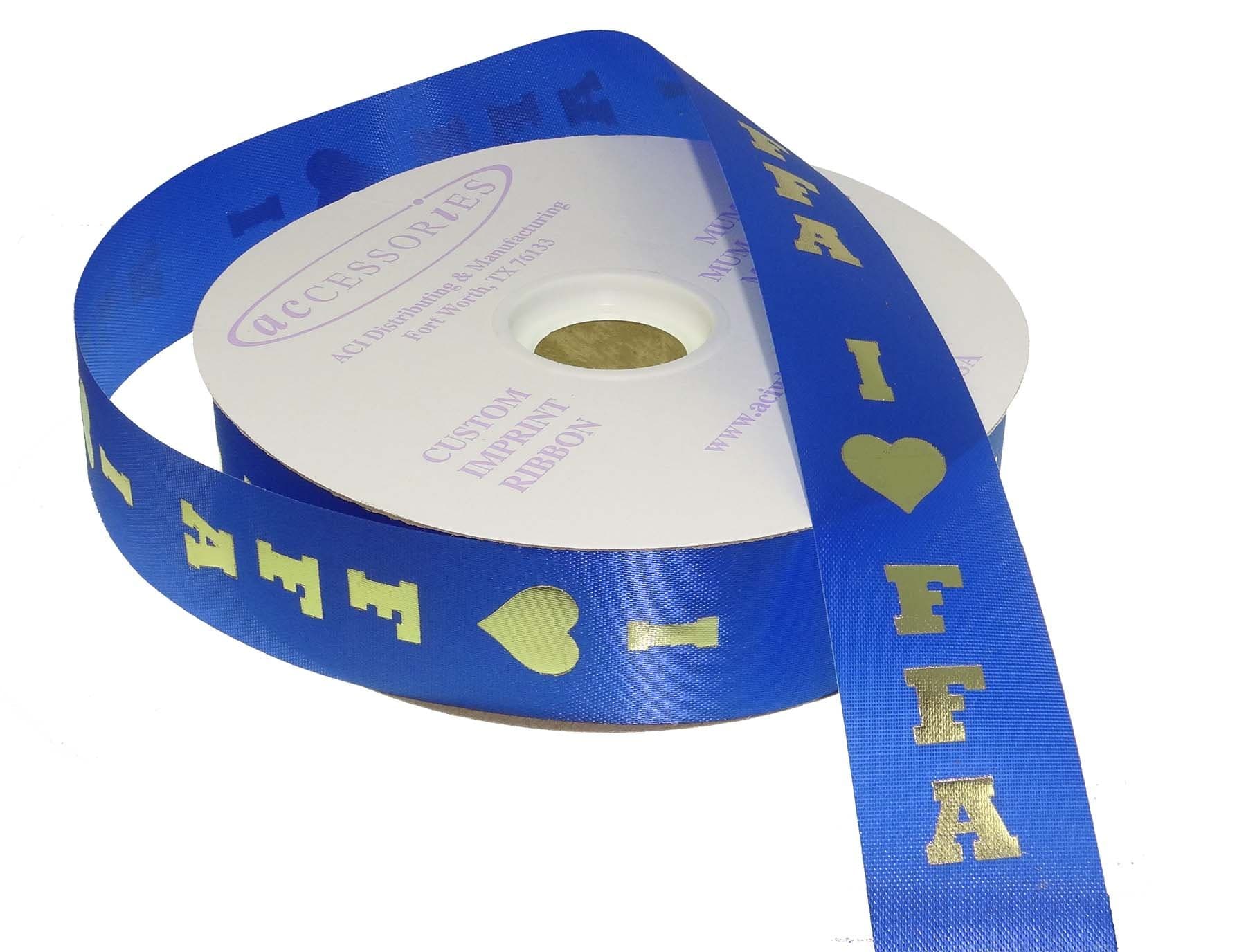 ACI PARTY AND SPIRIT ACCESSORIES FFA Imprint Ribbon, Royal Blue Ribbon with Metallic Gold Print Roll, 100 yd, Size #9 Ribbon