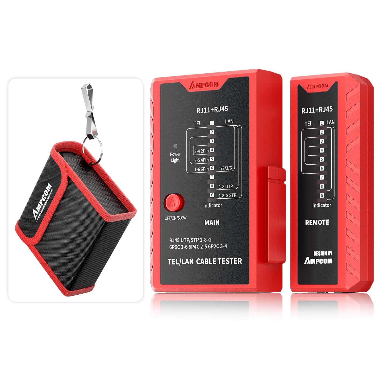 Network Cable Tester RJ45 for LAN & TEL Continuity of RJ45/11/12 CAT5E CAT6 CAT7 UTP & STP Shielded Ethernet Wires Test Tool - W/Carrying Bag - Red