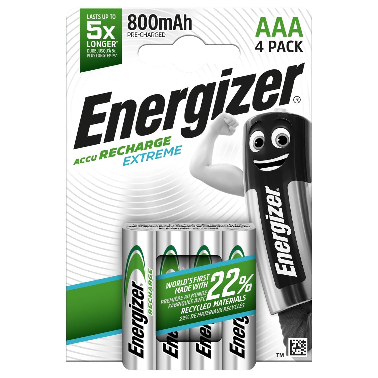 Energizer Recharge Extreme - Rechargeable AAA Batteries (4 Pack) - 800 mAh NiMH Triple A Battery - 100% Recyclable Plastic Free Packaging