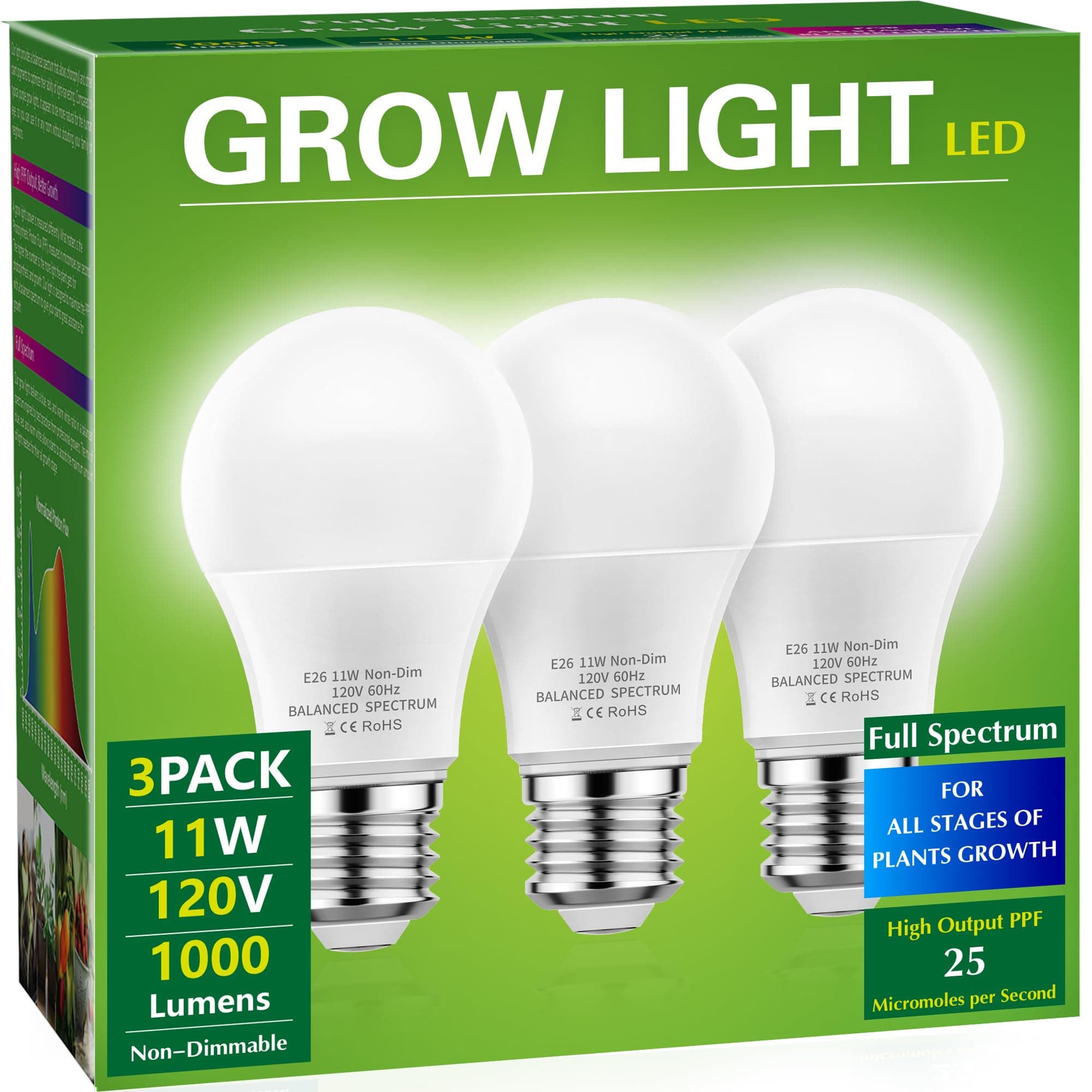 Briignite Full Spectrum LED Grow Light Bulb - A19 E26 Base, 11W (100W Equivalent) - for Indoor Plants, Seed Starting - 3 Pack