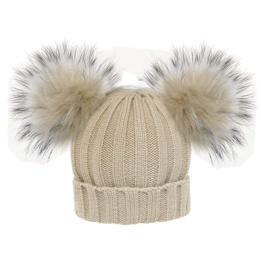 Baby Winter Faux Fur Beanie Hat Kids Knitted Double Pompom Ball Bobble Ski Cap