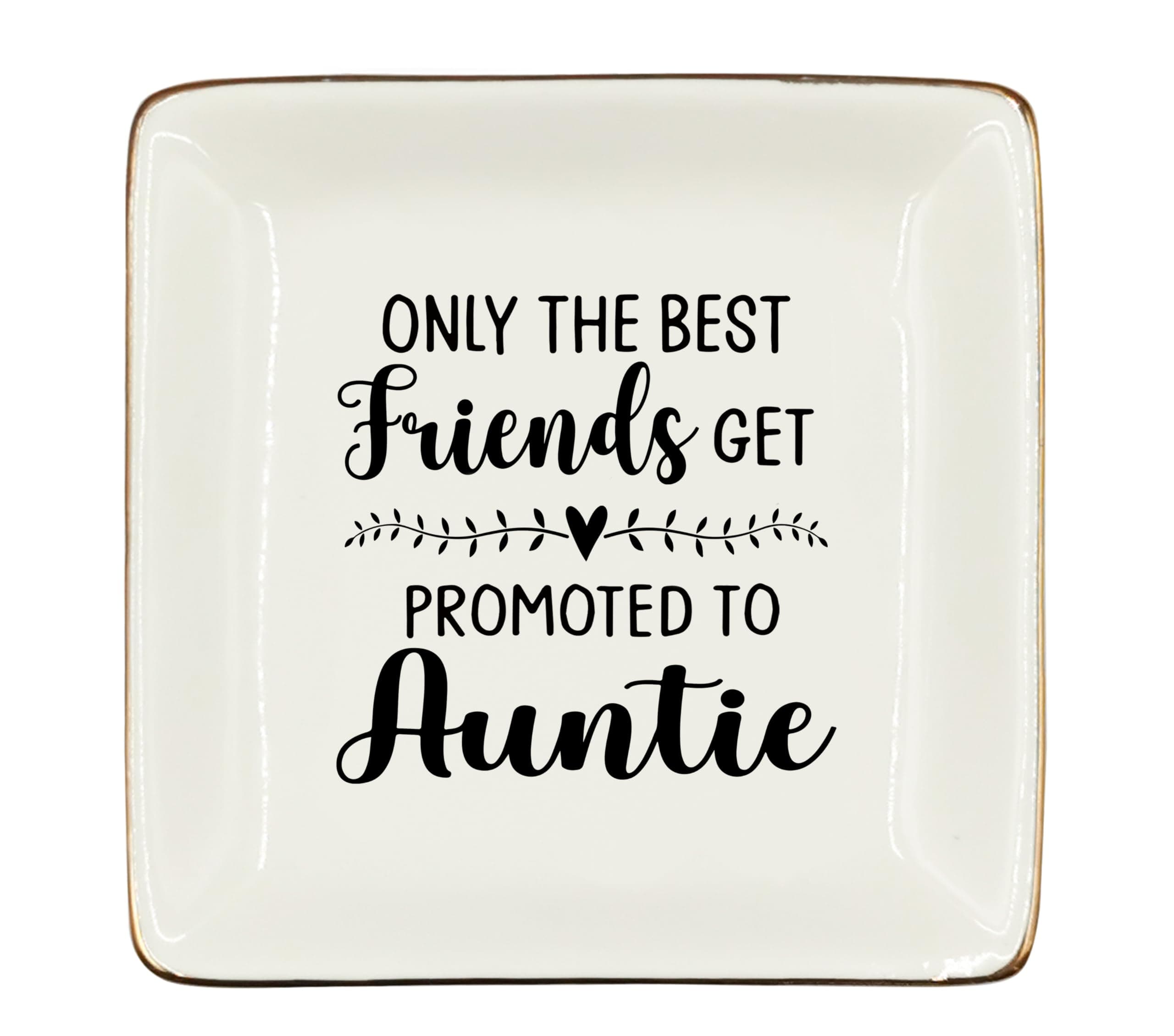 WODMIS 243-Hh-Ssp Friends Auntie Gifts Ceramic Jewelry Tray Dish, Only The Best Friends Get Promoted To Auntie Jewelry Plate Ring Trinket Dish, Pregnancy Announcement Gifts for New Auntie Friends