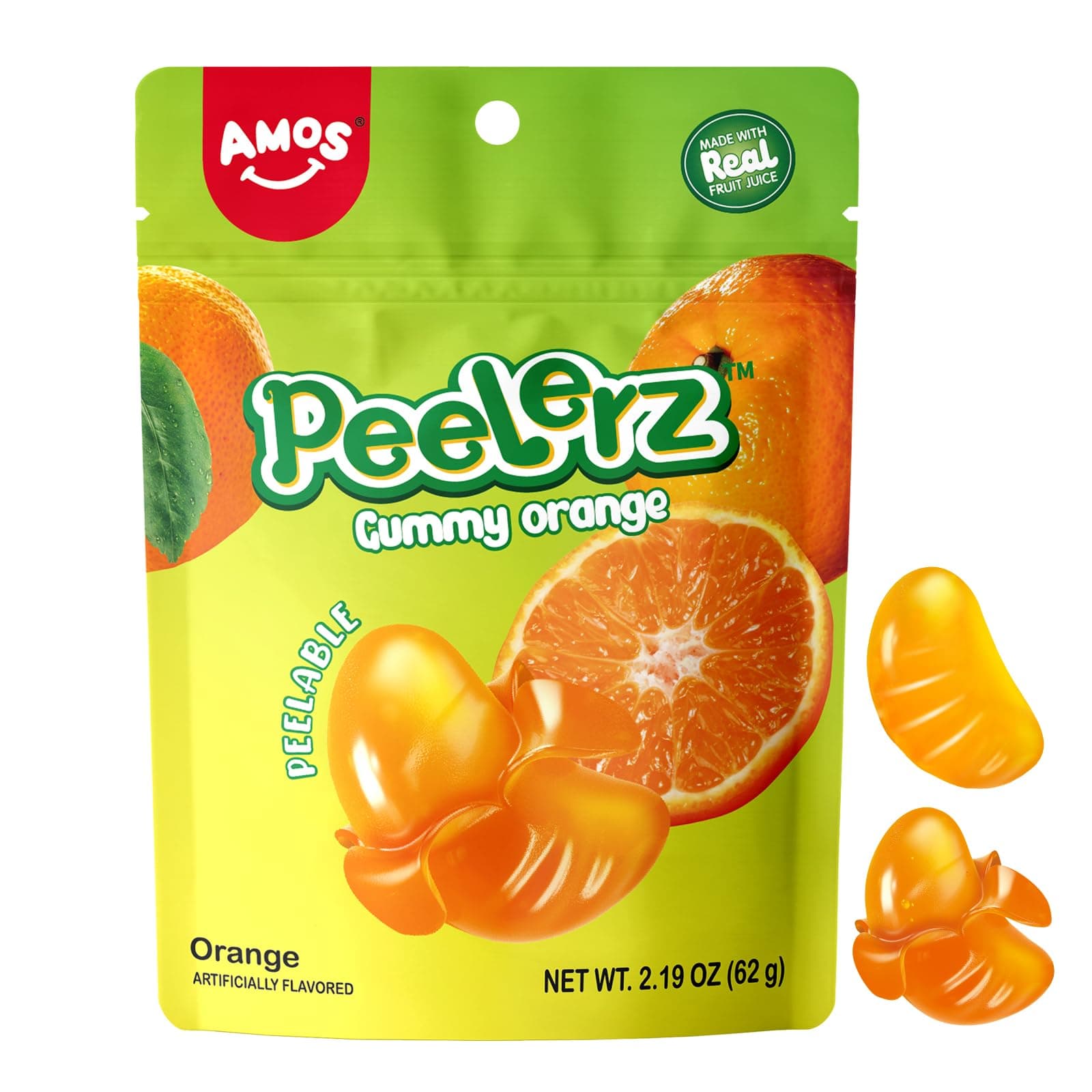 Amos 4D Gummy Peelable Orange Candy, Peelerz Gummy Orange, Fruit Snacks Fat Free, Resealable 2.19oz Bag (Pack of 8)