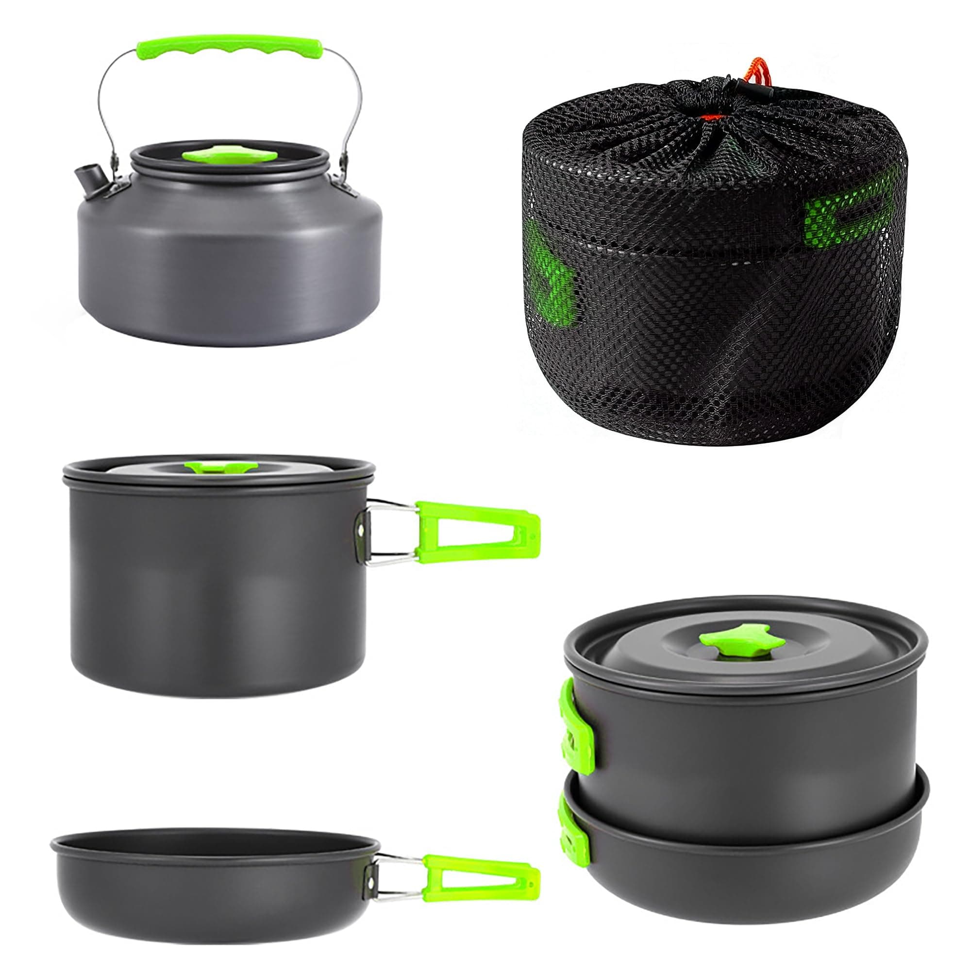 aiGear Camping Cooking Set Cookware Mess Kit with Storage Bag Pot Pan and Teapot Set Camping Accessories for Outdoor Camping Hiking Picnic Portable and Lightweight Aluminum Color Green,Black,Orange