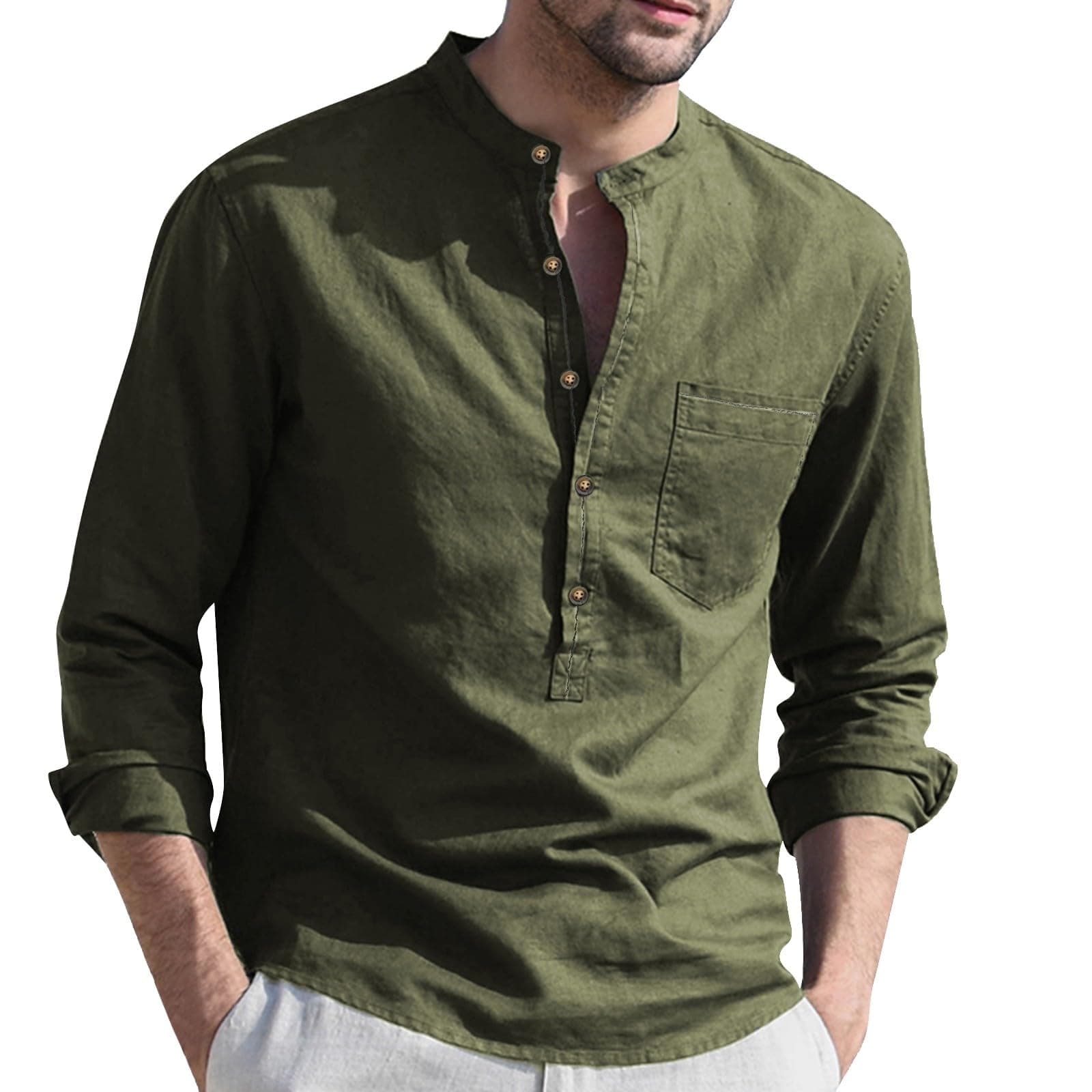 CocilaWork Shirts for Men Color Trend Loose Standing Collar Cotton Linen Long Sleeved Shirt Black Tank Top Men Ribbed Long Sleeve Black Button Shirt Oxford Shirt Long Sleeve