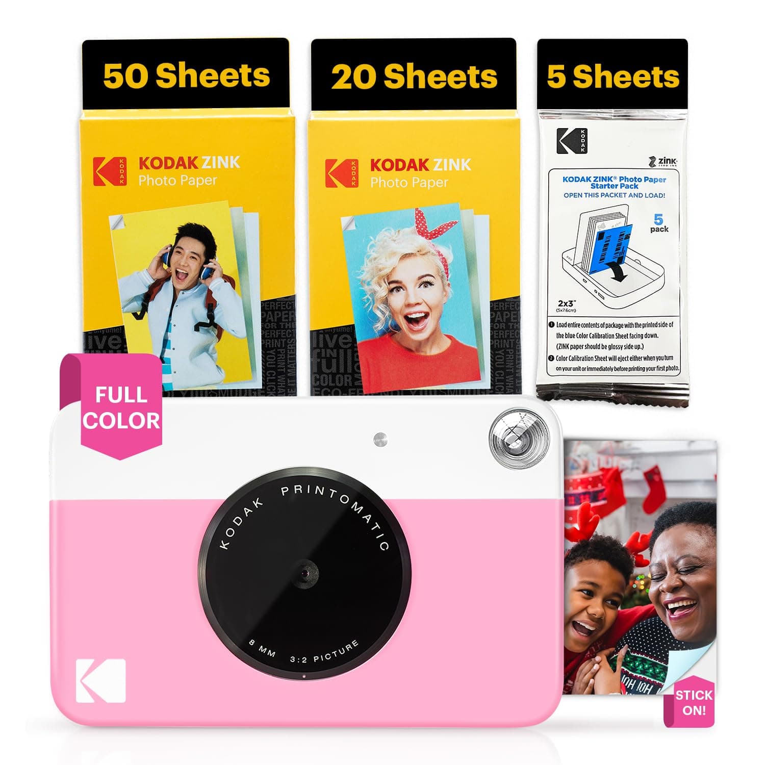 - Kodak Printomatic Full-Color Instant Print Digital Camera - 75 Sheets Bundle - Prints On Zink 2x3 Sticky-Back Photo Paper - 5MP, Portable, Creative Fun Gift for Birthday, Christmas, Holiday - Pink