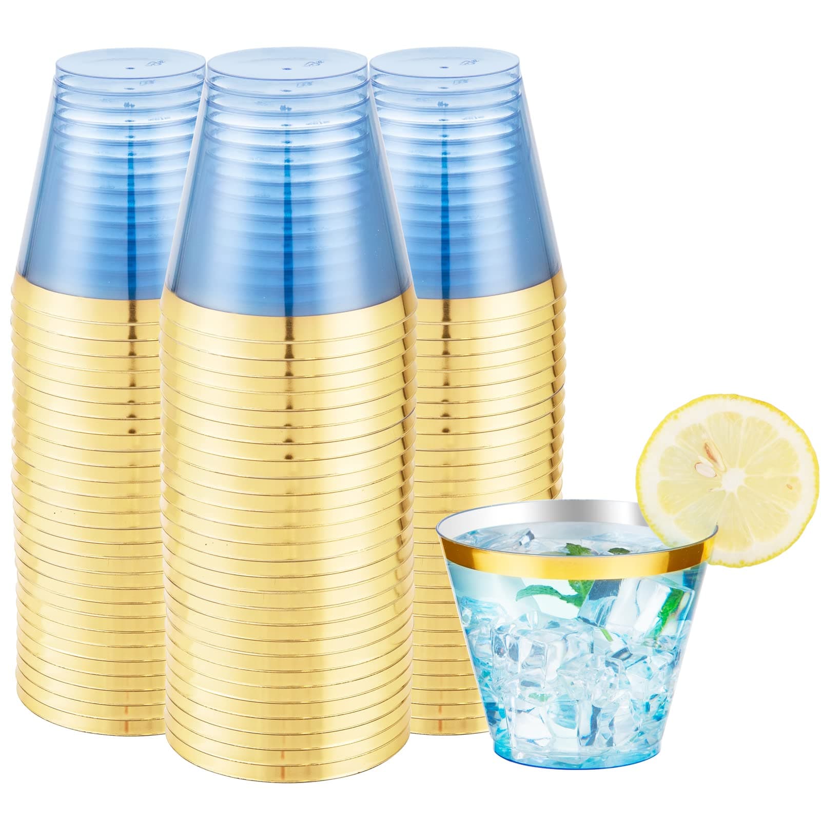 LUODA 150 PCS Blue Plastic Cups,9oz Clear Disposable Cups with Gold Rim, Old Fashioned Tumblers Gold Rimmed Plastic Cups for Any occasion: Weddings, Parties, Business Events