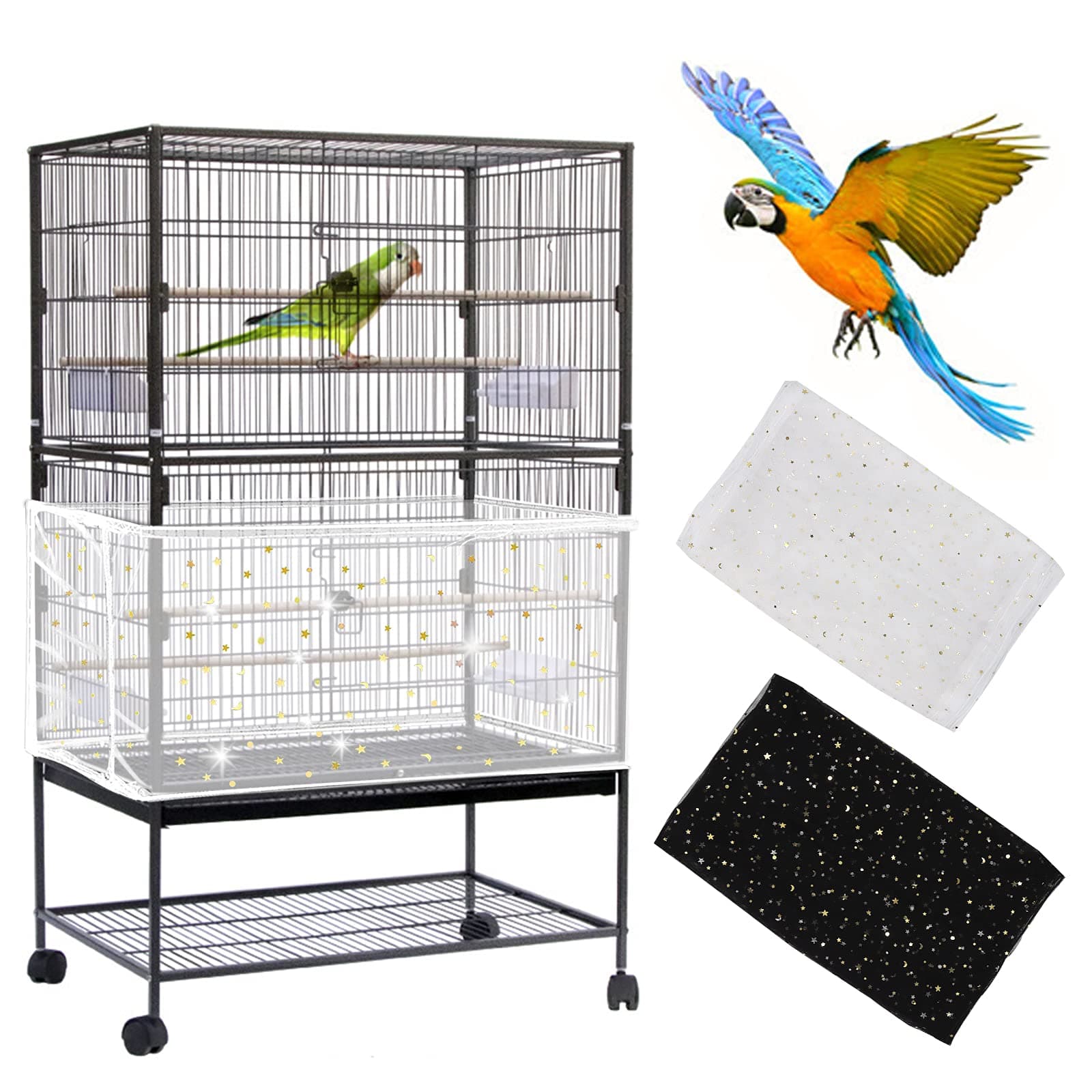 Daoeny 2Pcs Bird Cage Cover, Adjustable Bird Cage Seed Catcher, Large Soft Nylon Mesh Net with Twinkle Moon Star, Birdcage Cover Skirt Seed Guard for Parrot Parakeet Macaw Round Square Cages