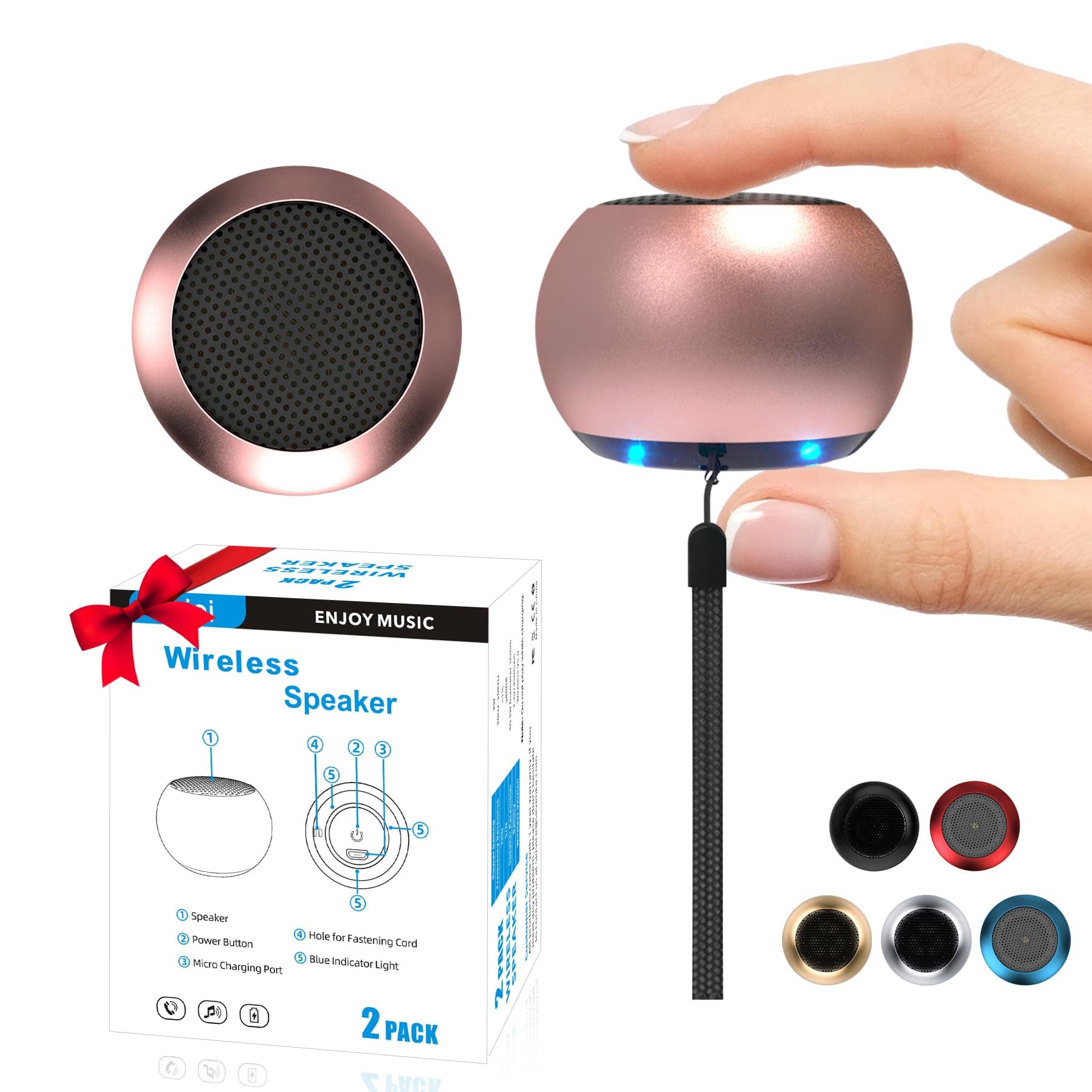 2Pack Portable Mini Speaker, Bluetooth Tiny Speaker,Wireless Micro Speaker for Phone/PC/Tablet, Rechargeable Battery, Built-in Microphone, Pink