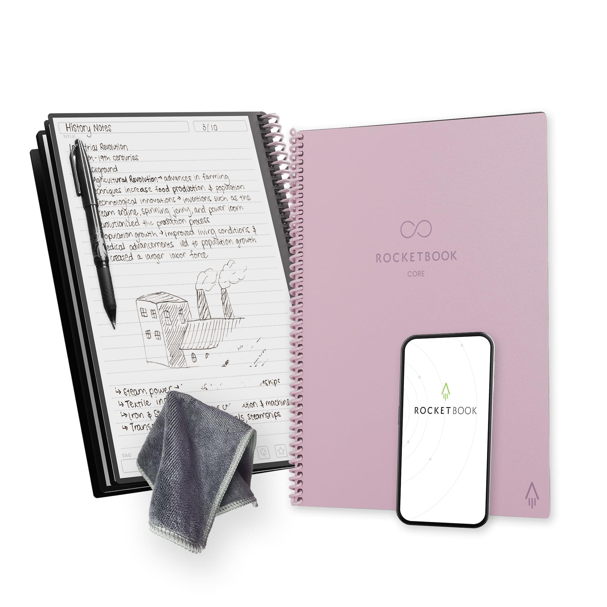 RocketbookSmart Reusable Notebook - Lined Eco-Friendly Notebook with 1 Pilot Frixion Pen & 1 Microfiber Cloth Included - Pink Cover, Letter Size (8.5" x 11")