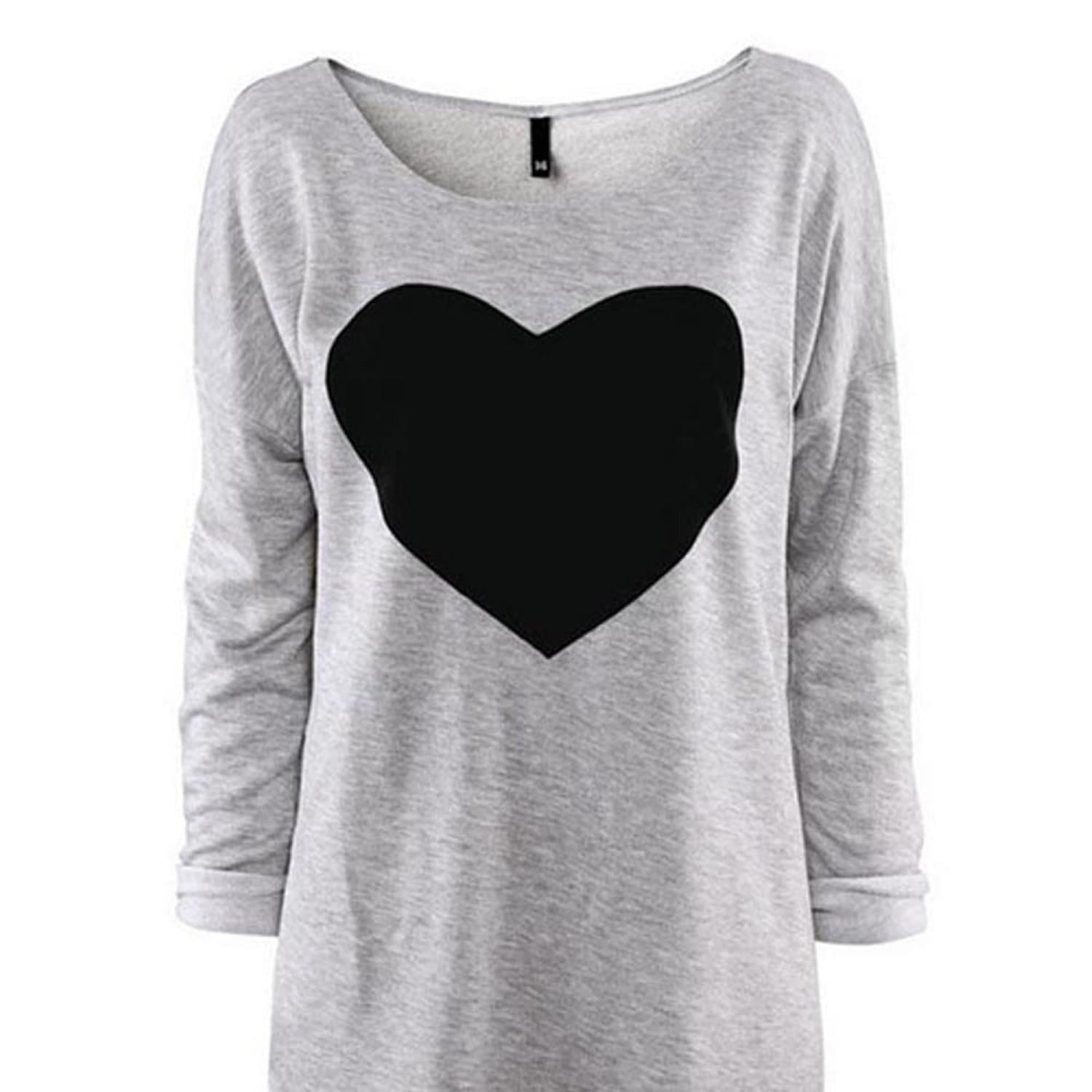 Springk Fashion Women Love Heart Printed Long Sleeved Round Neck T-Shirt Size 12,Gray