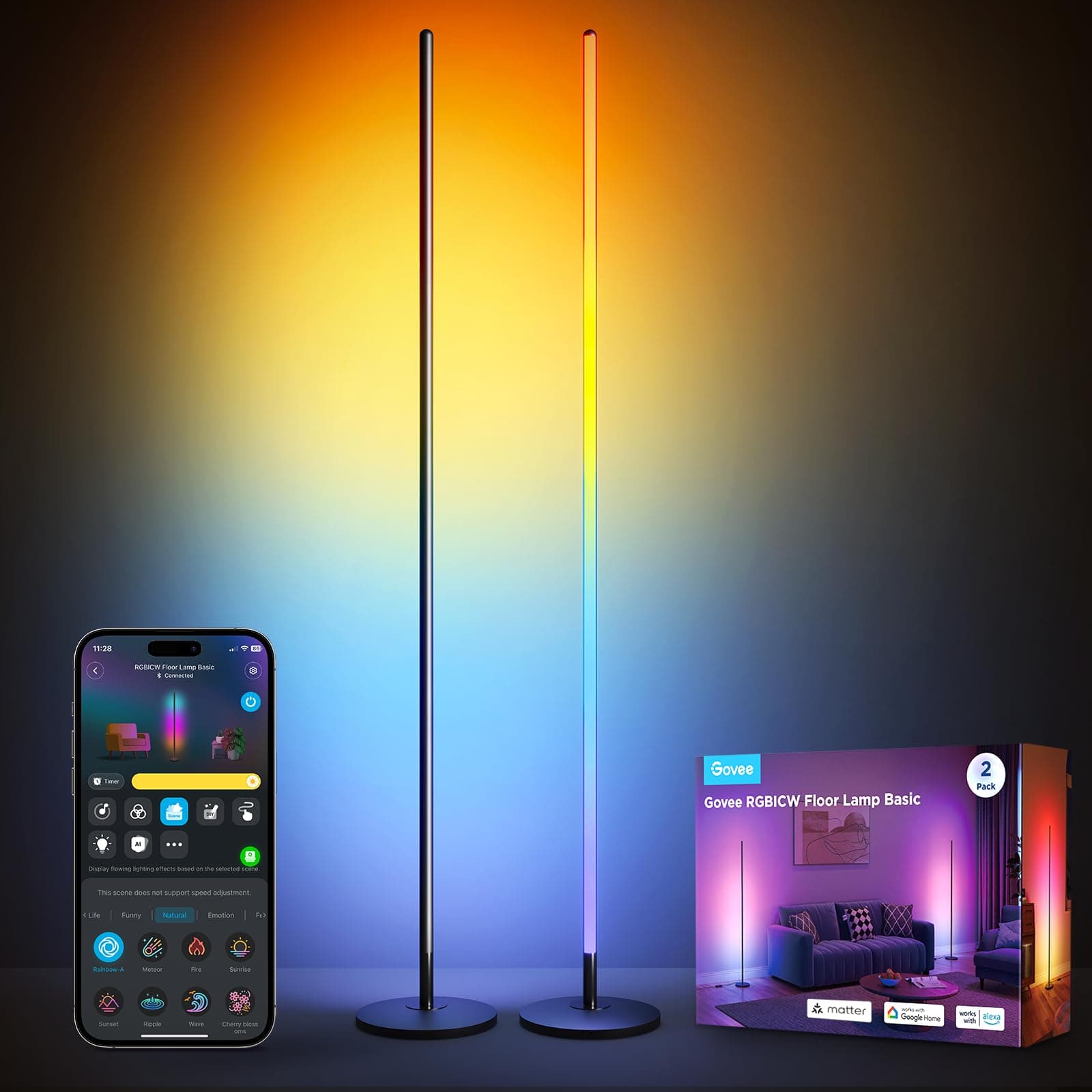 RGBIC Floor Lamp Basic 2-Pack, Compatible with Alexa, LED Smart Standing Lamp with Voice Control, Color Changing Bedside Floor Lamp for Bedroom, Nightstand Corner Lights, Black