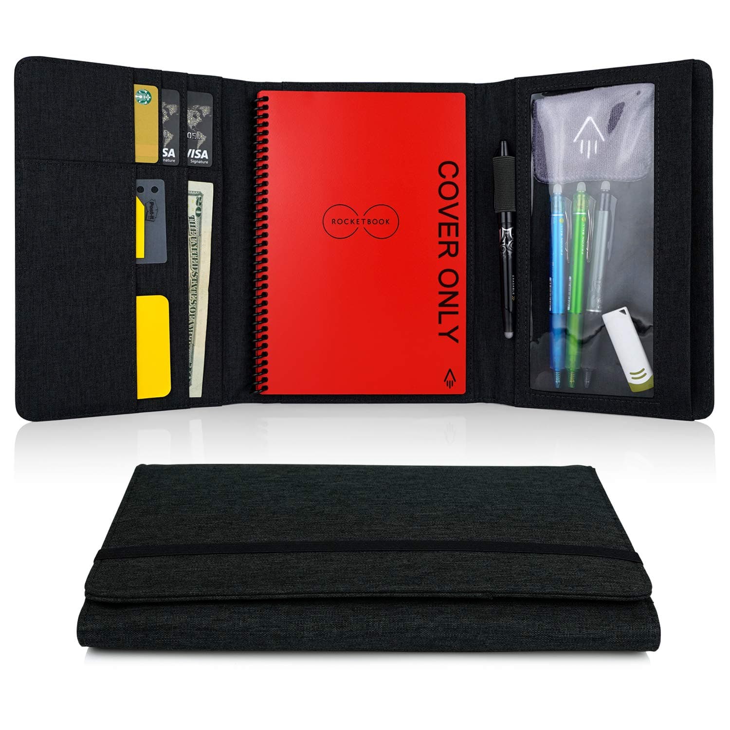 Kaitiaki Folio Cover Compatible with A5 Executive Size Notebook, Multi Organizer with Pen Loop, Zipper Pocket, Business Card Holder, Waterproof Fabric, Black