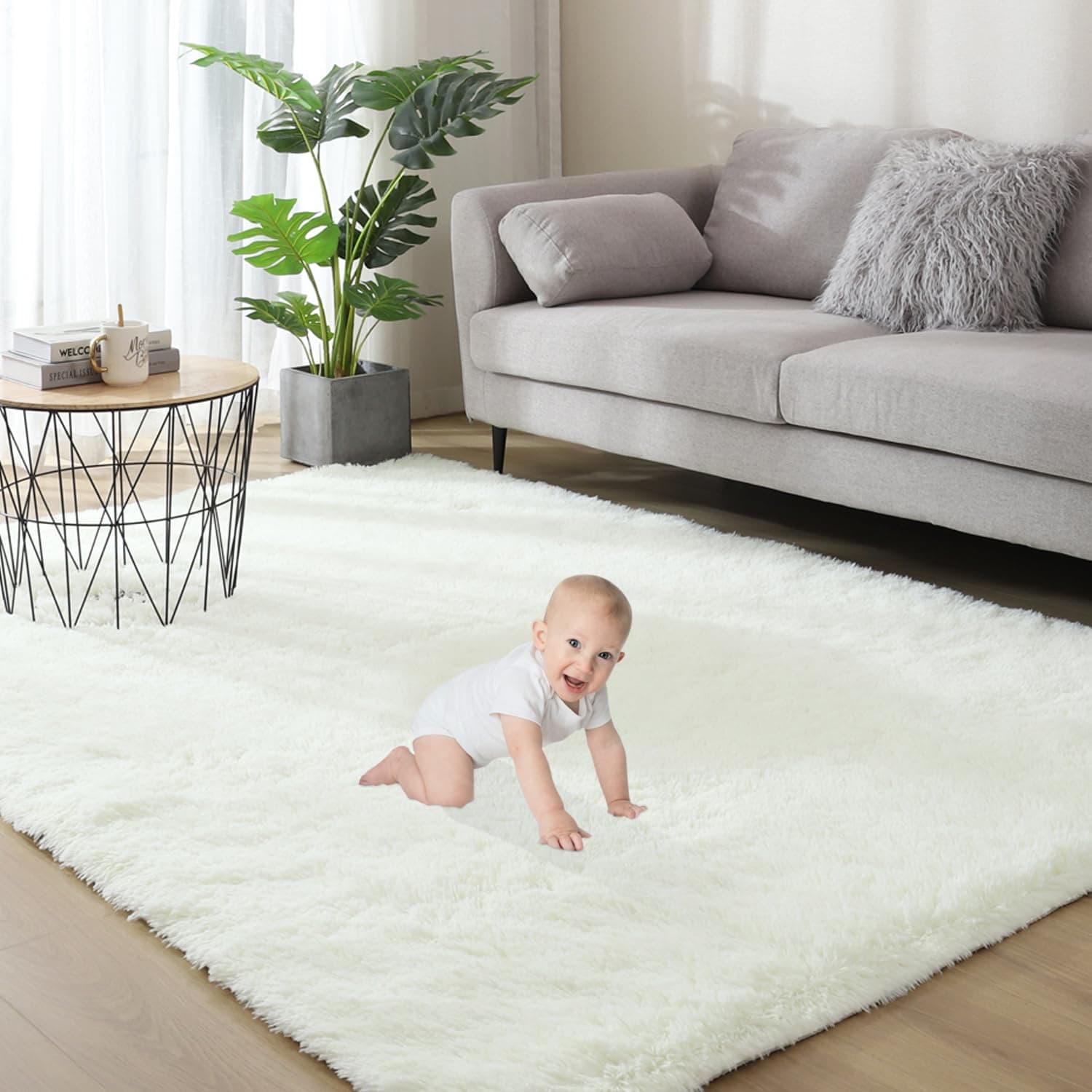 Rugs Living Room 5'x7' Super Soft Fluffy Area Rugs for Bedroom Shaggy Anti-Skid Comfortable Large Rugs Indoor Modern Home Decor Floor Carpet - White 160x200