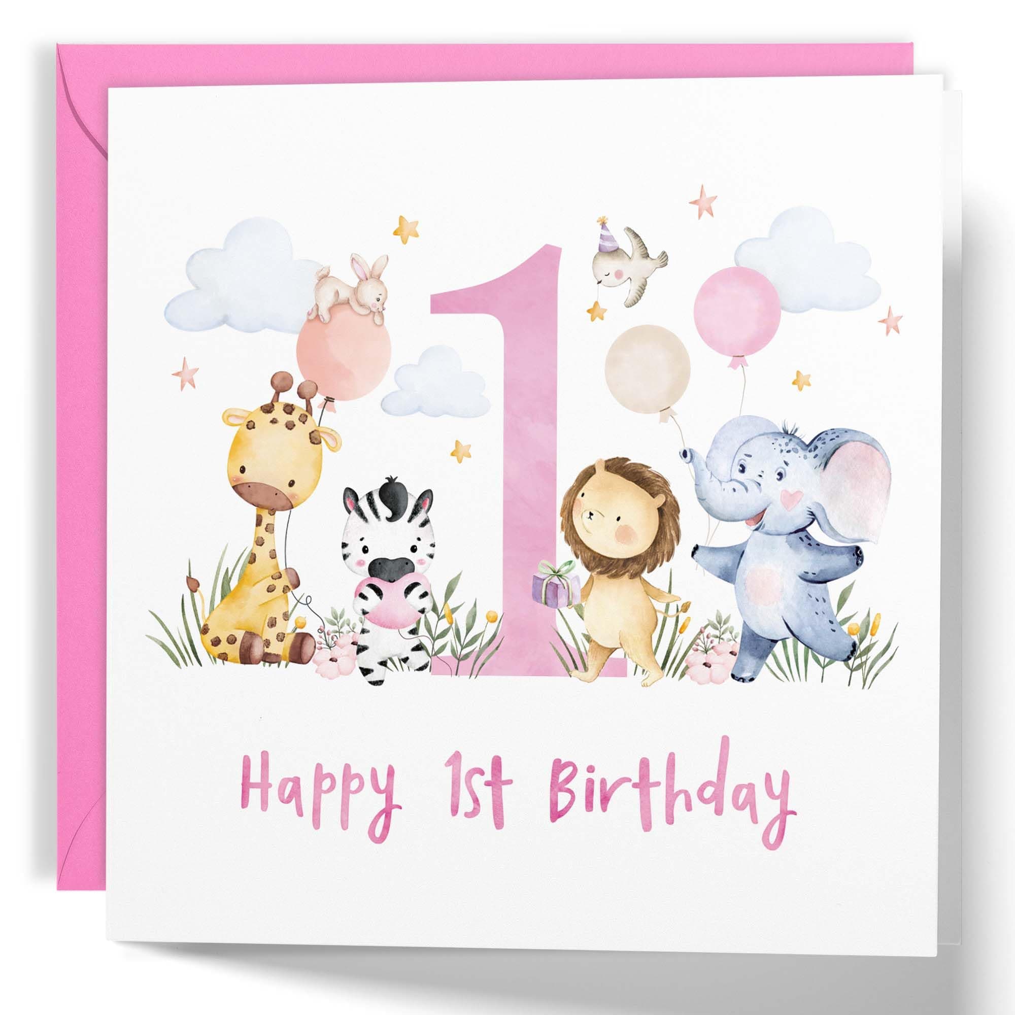 Happy 1st Birthday Card, Cute Safari Animals (Pink)