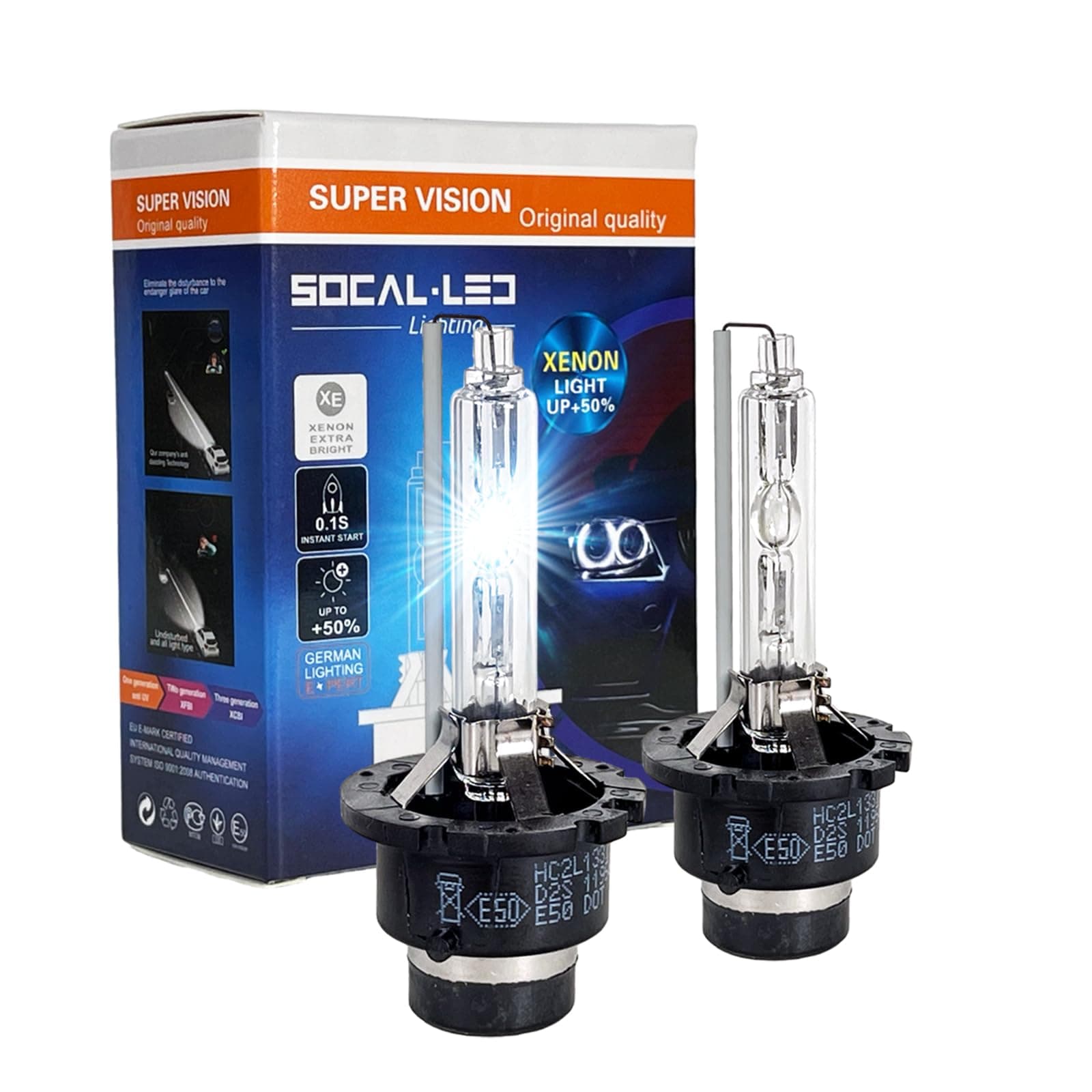 SOCAL-LED LIGHTING D2S 35W Xenon HID Headlight Bulbs - 8000K Ice Blue - 66040 66240 85122 OEM High Low Beam Direct Replacement - Pack of 2