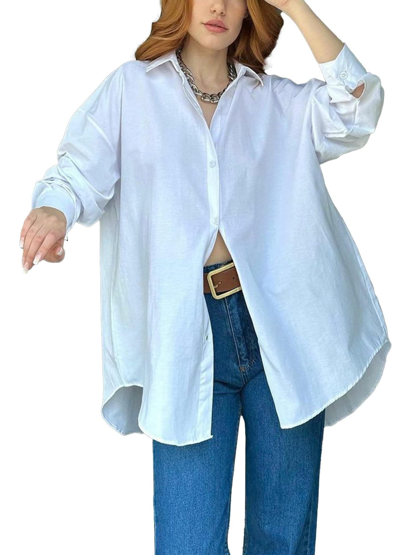 LYANER Women's Oversize Collar Neck Long Sleeve Button Down Slit Hem Blouse Shirt Top