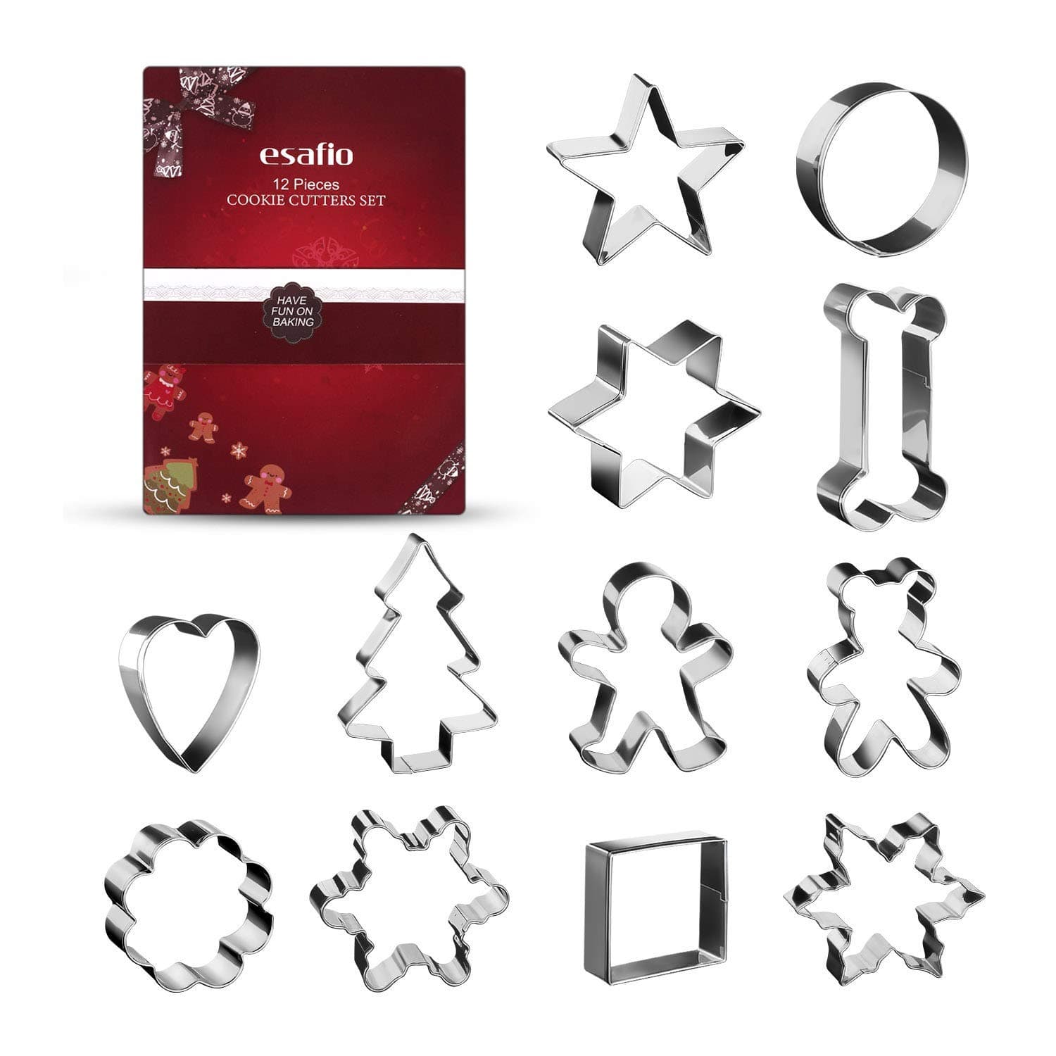 esafio 12PCS Cookie Cutter Set, Christmas Biscuit Cutters with Heart, Flower, Bone, Round, Snowflake, Square Shapes Food Shape Cutters for Cake, Pie, Kids, Children