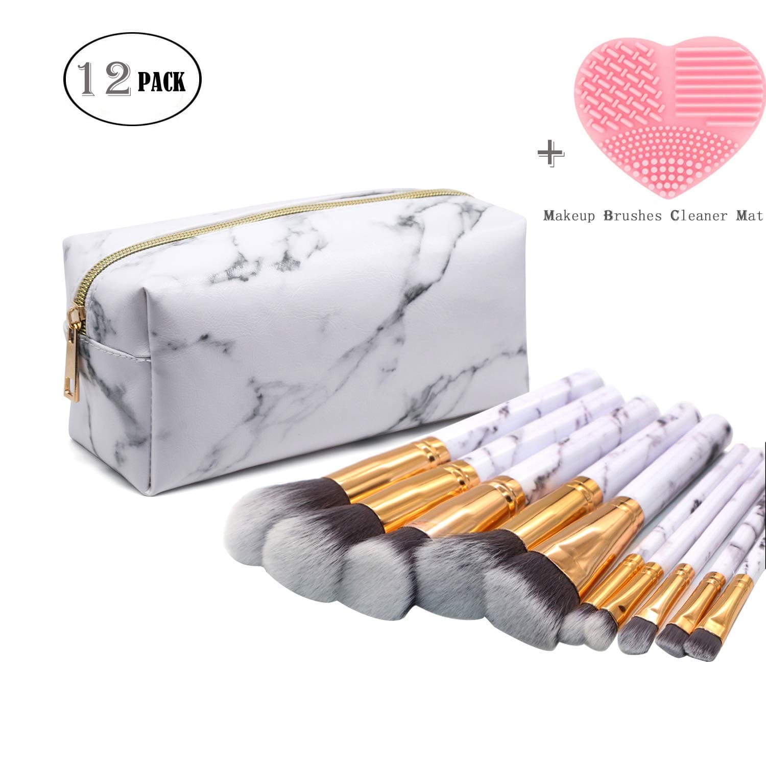 Makeup Brushes Sets,10 Pcs Marble Make Up Brush Face Eyeliner Blush Contour Foundation Eyeshadow Brushes for Women Powder Liquid Cream with White PU Leather Cosmetic Bag Holder&Brush Cleaner (Marble)