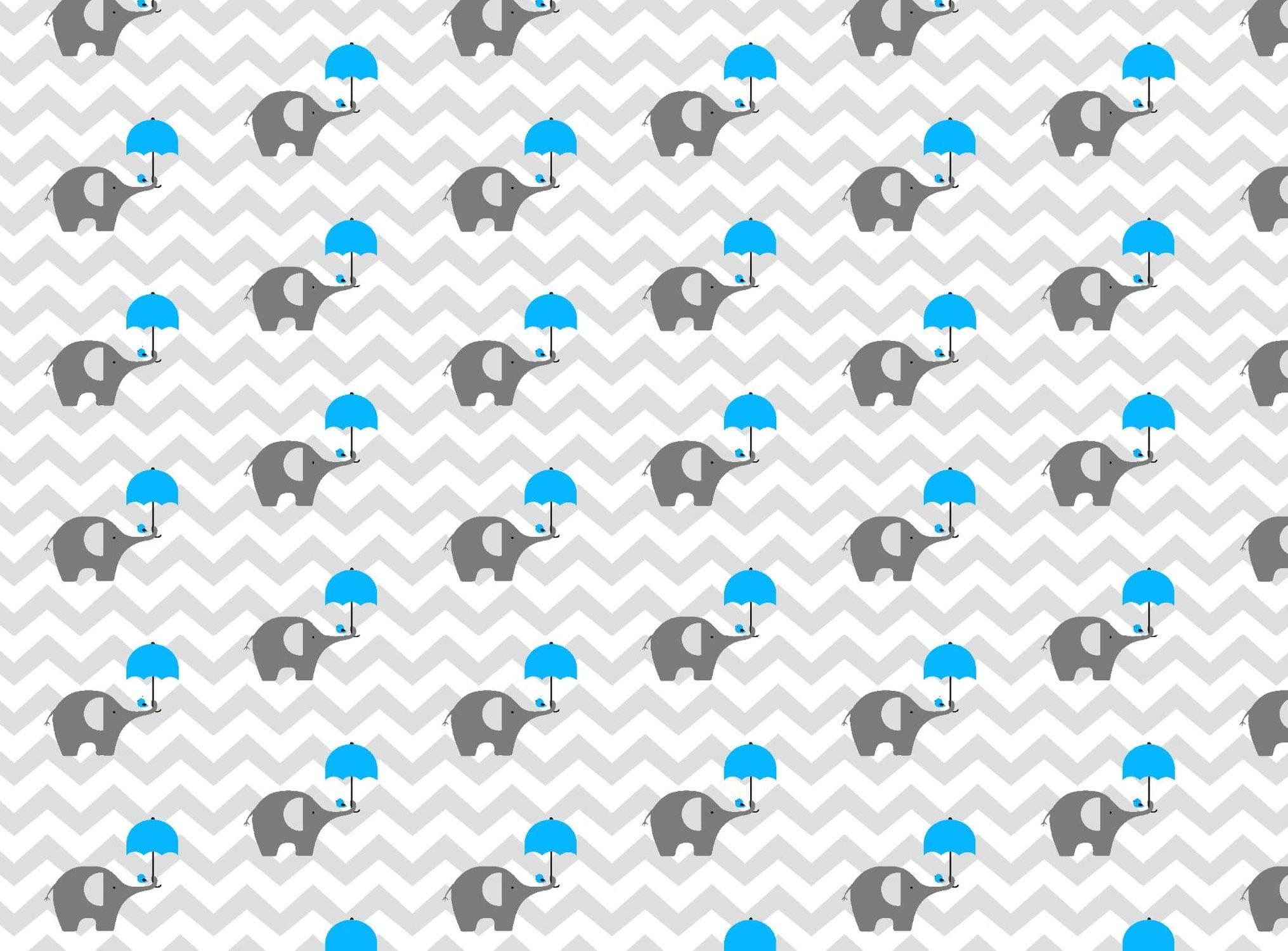MillaLu Printed Fabric Material - by The METRE - Wide 160 cm (64") 100% Cotton (1 metre, Elephants with Blue Umbrella on Grey Chevron)