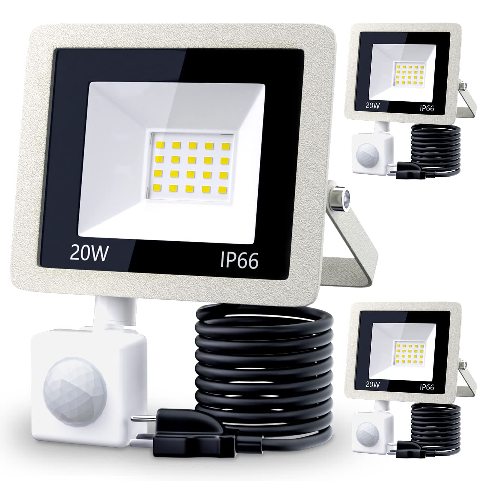 MIWAT 3Pack 20W LED Motion Sensor Flood Lights, PIR Sensor Lamp, 6000K Intelligent Daylight, Super Bright Waterproof Security Floodlight for Patio Ourdoor