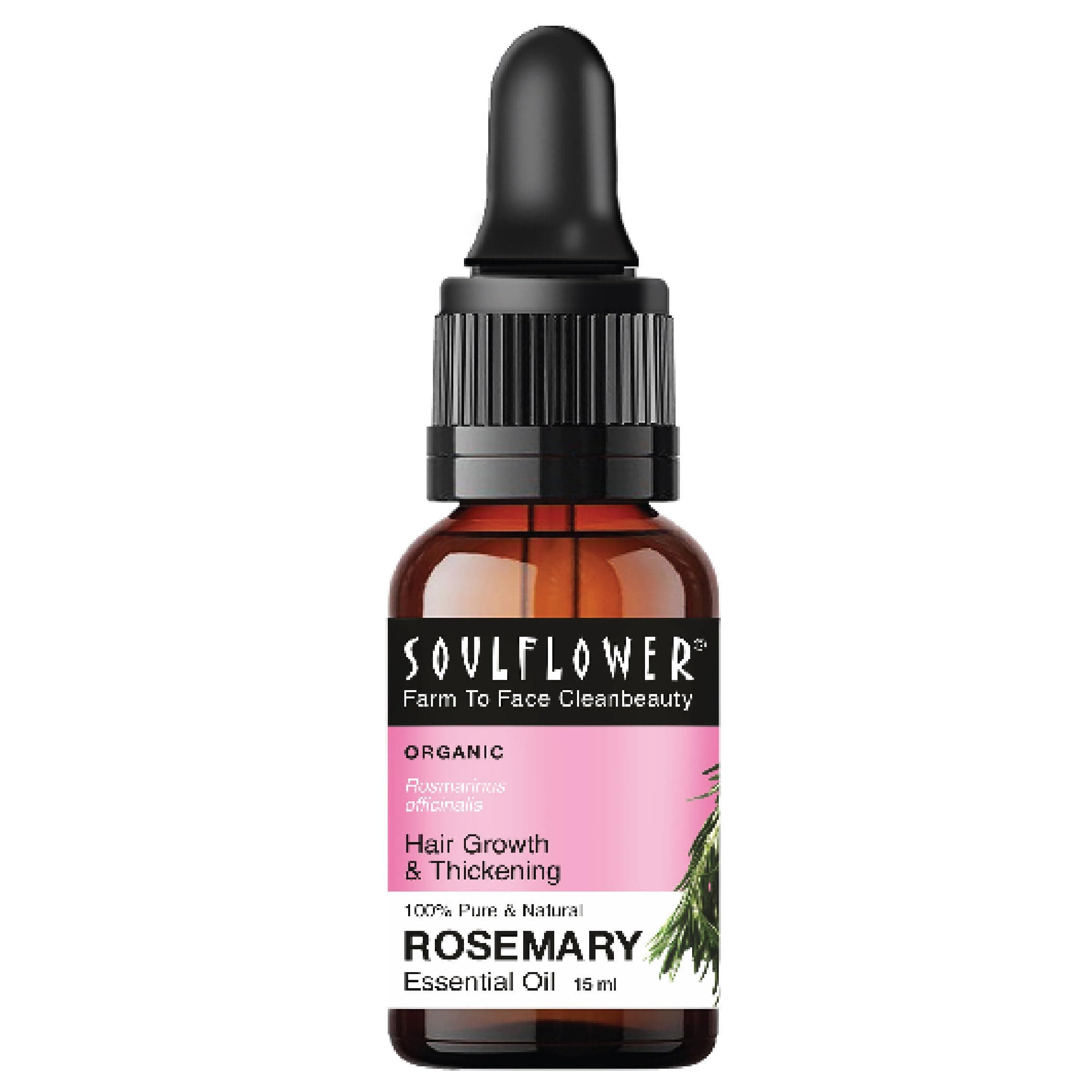 Soulflower Rosemary Essential Oil - Ideal for hair growth, hair loss and scalp nourishment. Suitable for all hair types. 100% Pure, ECOCERT COSMOS Certified Organic 15ml