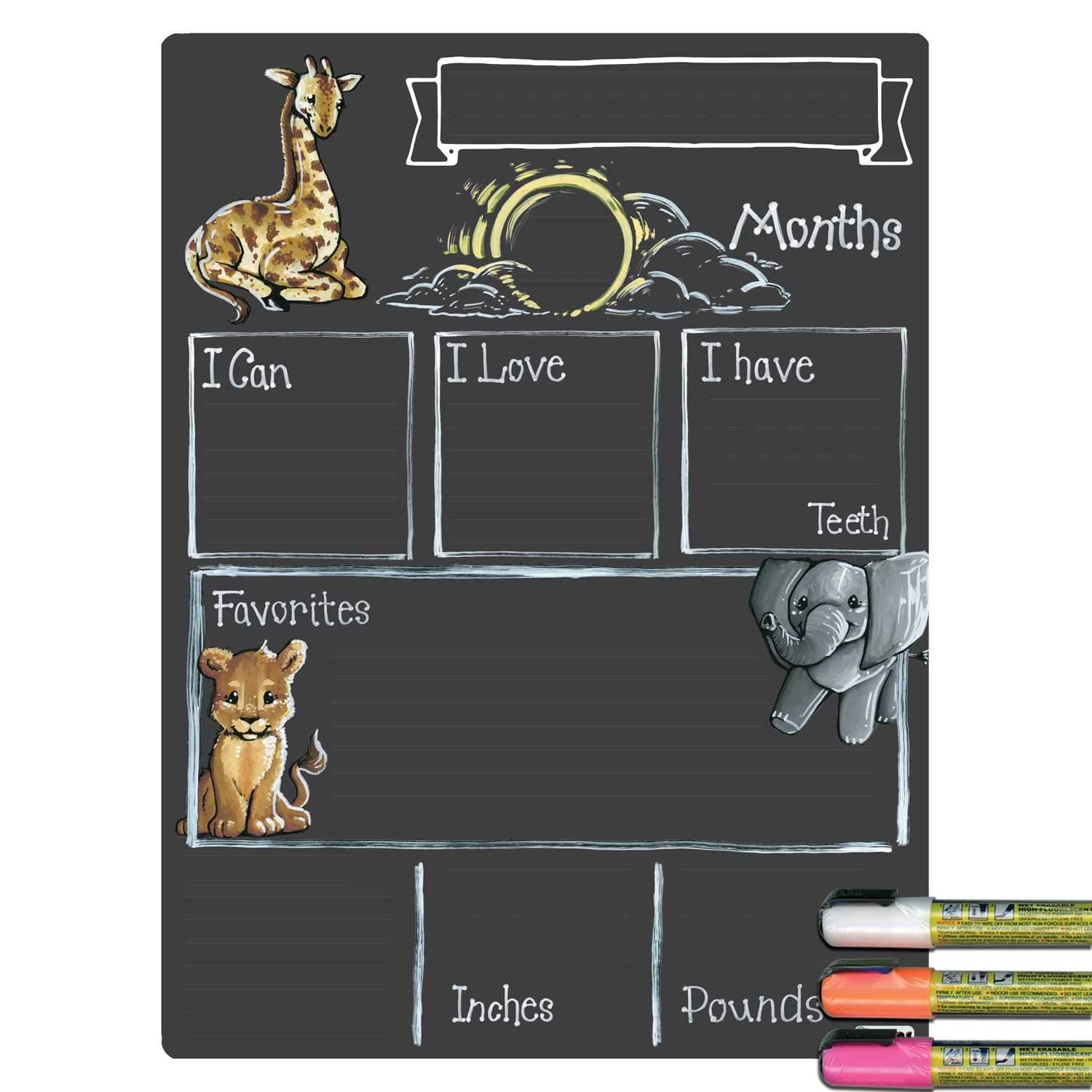 Cohas Monthly Milestone Board for Baby with Safari Theme, Reusable Chalkboard Style Surface, and Liquid Chalk Markers, 12 by 16 Inches, 3 Bright Markers