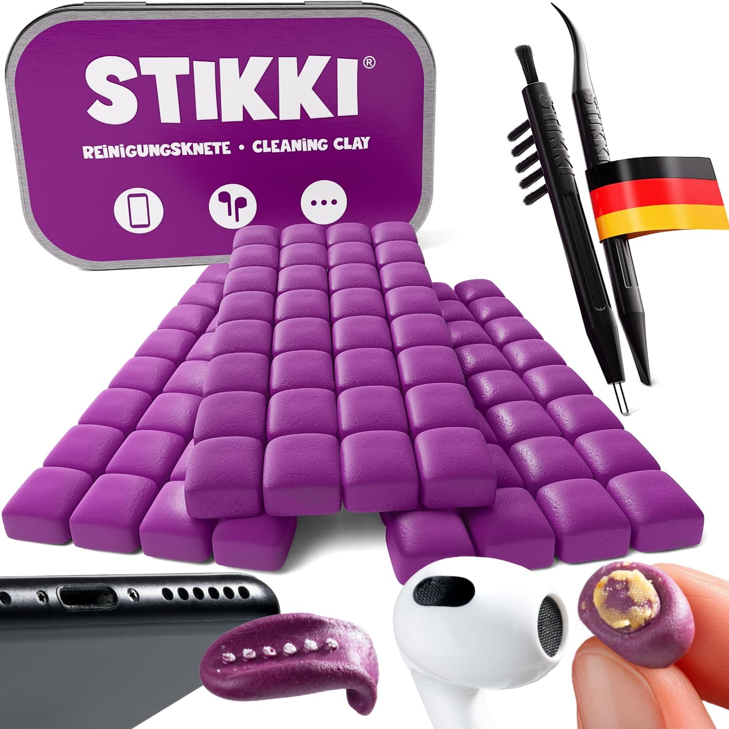 STIKKI® Cleaning Putty for Phones & Earphones – Pro Cleaning Kit for Hard-to-Reach Areas | Brushes & Charging Port Tool for USB-C & Lightning (e.g. iPhone) included | Ideal for Airpods & More