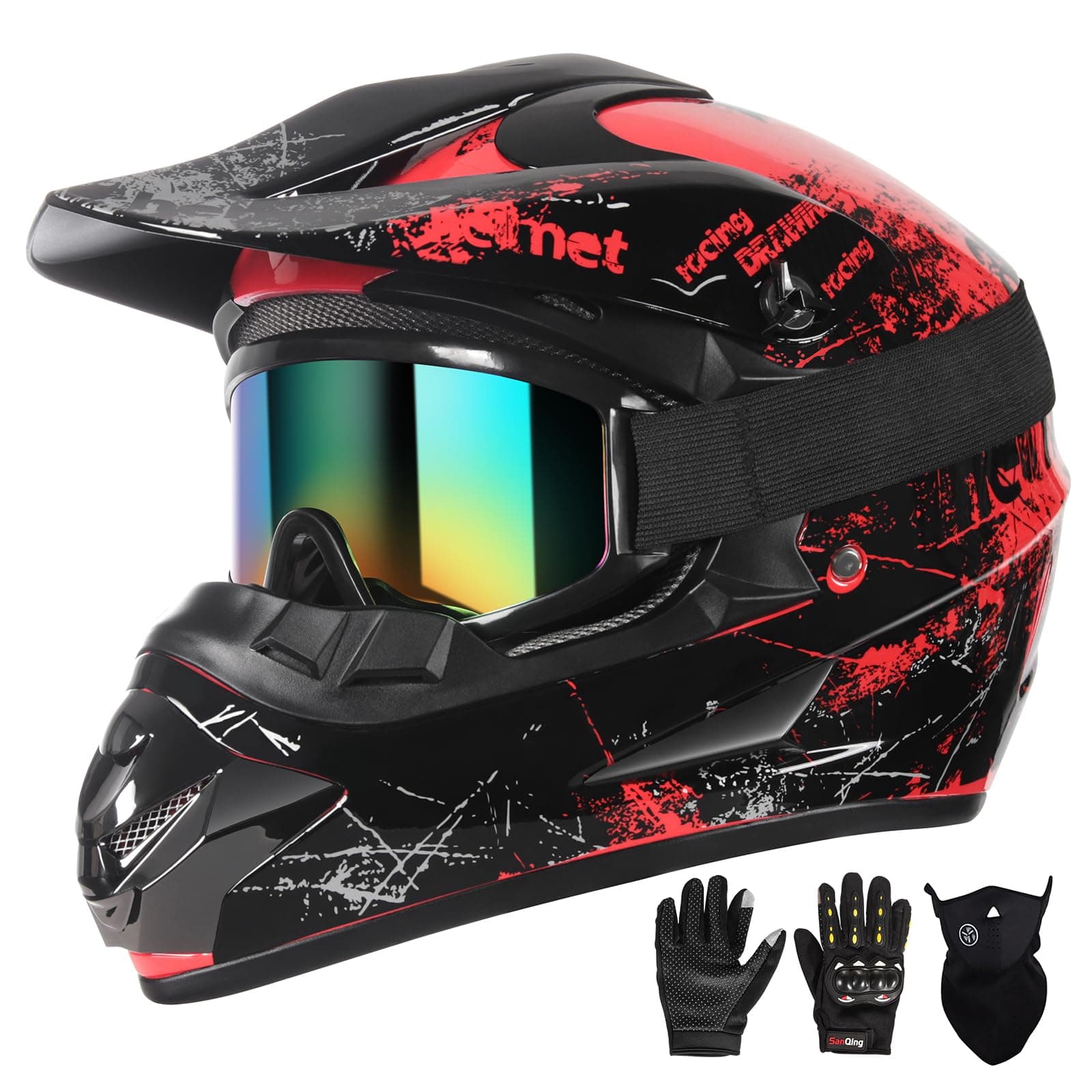 SPARK Dirt Bike Helmets Kids Motorcycle Helmet Youth ATV Motocross Full Face Men Women Off-Road Mountain Bike Helmet Adult with(Gloves Goggles Mask) DOT Approved 4Pcs Set