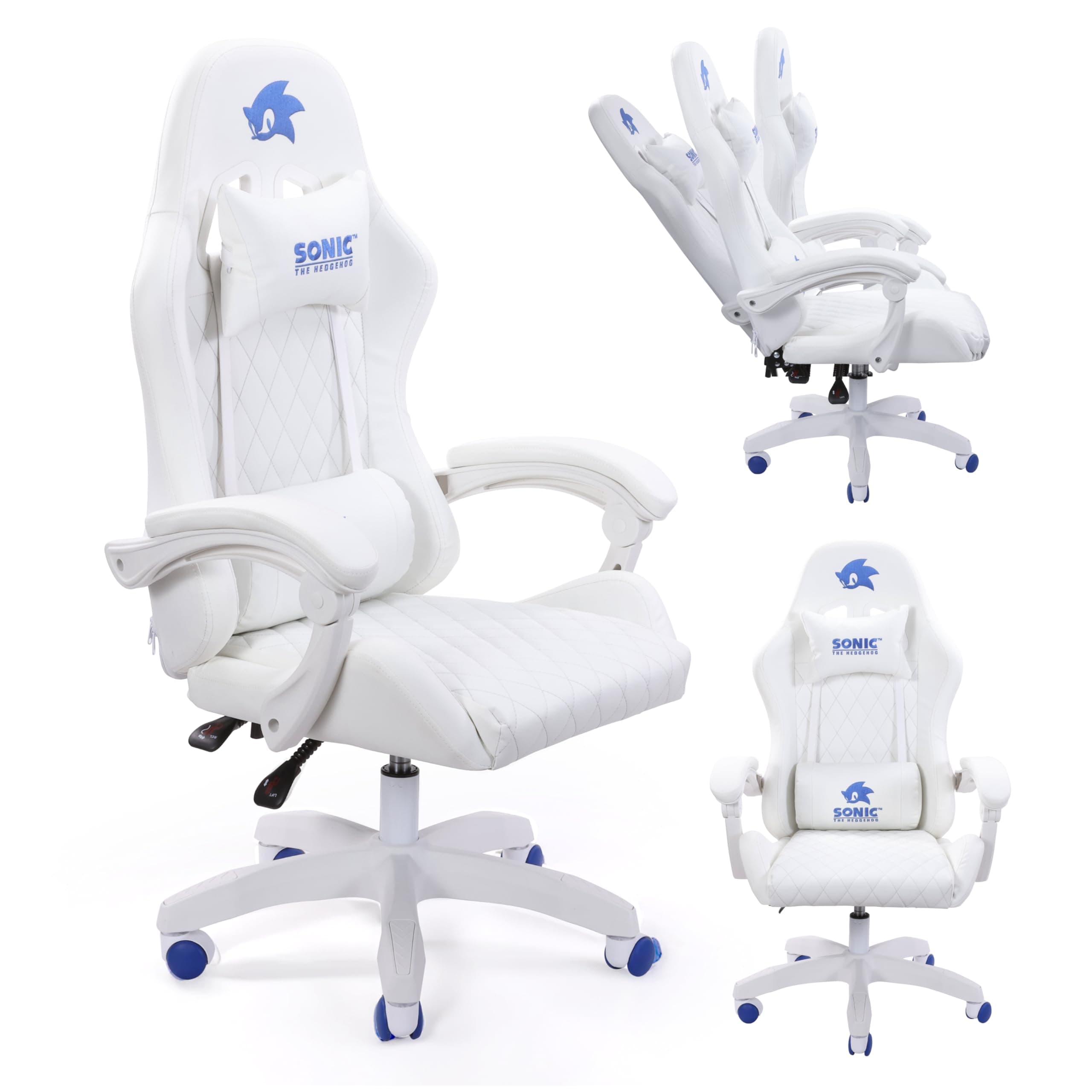 Sakar Sonic the Hedgehog Gaming Chair - Premium PU Leather, Reclining Armrest, Class 4 Gaslift, Adjustable 90-135 Degrees, Stylish Design for Adults and Teens, 120kg Capacity, Blue-White Caster