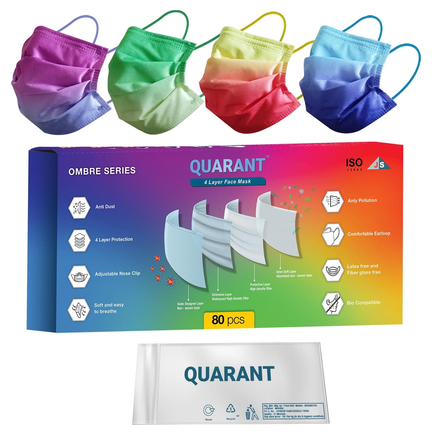 - QUARANT Meltblown - Dual SMMS Fabric 4 Ply Designer Protective Face Mask with Nose Clip and Reusable Travel Pouch, Fashion That's Safe (Ombre Combo, Pack of 80) for Unisex